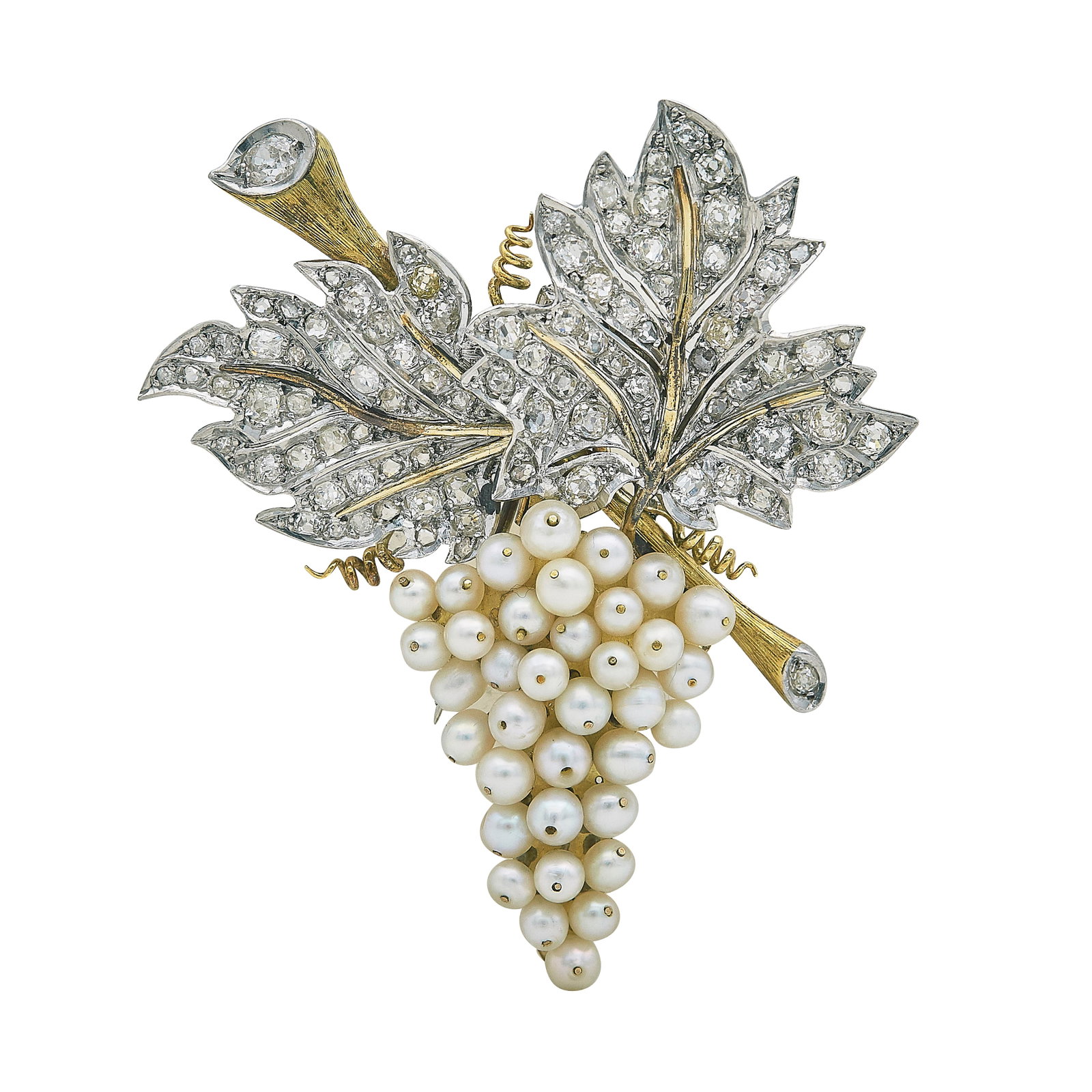 Platinum and 18K Yellow Gold Pearl and Diamond Floral Grape Pin Brooch: METAL: Platinum/18K Yellow Gold; APPROXIMATE TOTAL DIAMOND WEIGHT: 5 ctw; GEMSTONES: Pearl; TESTED: Platinum/18K Yellow Gold; CONDITION: Pre-owned, Good; ITEM WEIGHT (GRAMS): 34.5 g; MEASUREMENTS: Bro