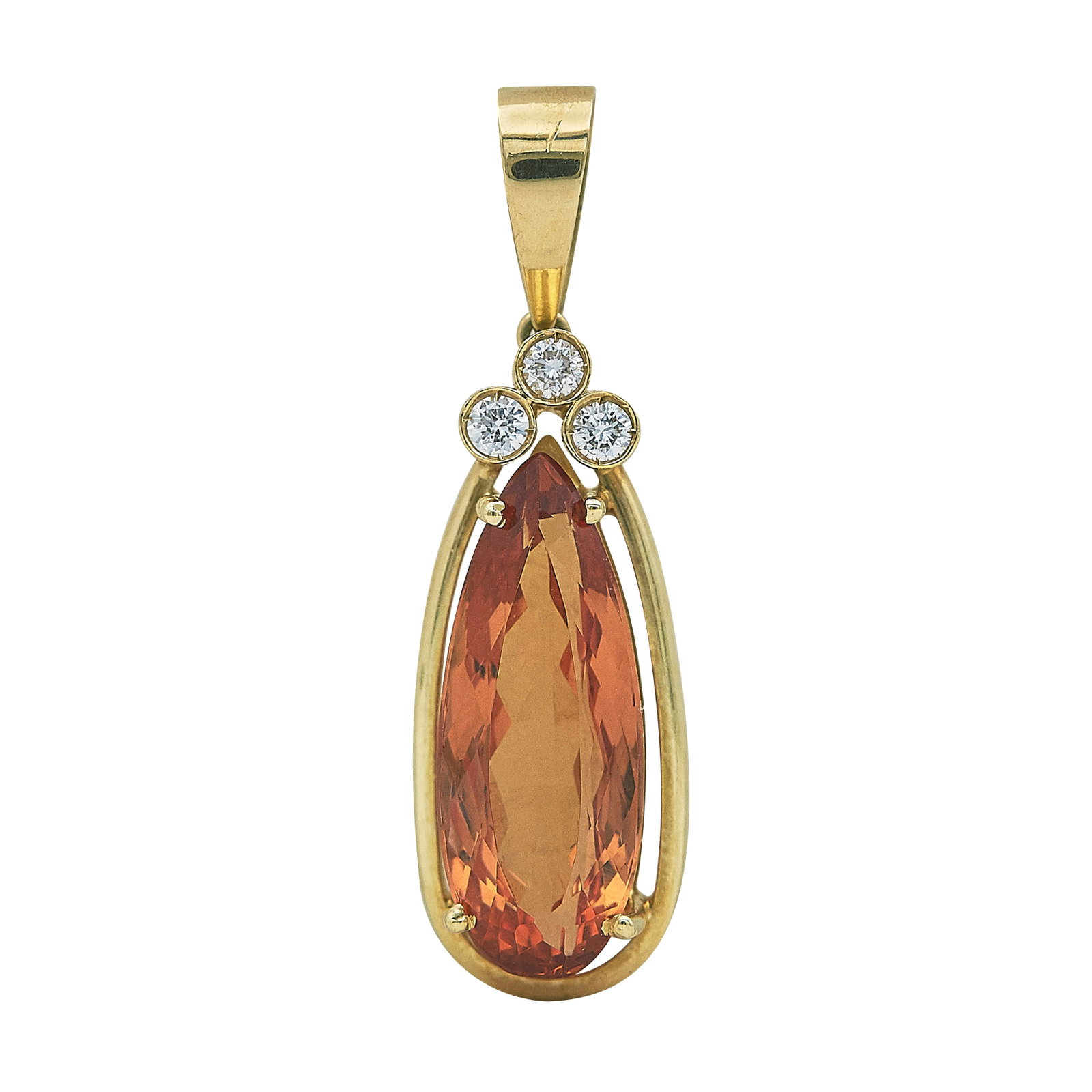 18K Yellow Gold Topaz and Diamond Pendant: METAL: 18K Yellow Gold; APPROXIMATE TOTAL DIAMOND WEIGHT: 0.18 ctw; GEMSTONES: Topaz approx. 21mm long x 7.95mm wide; TESTED: 18K Yellow Gold; CONDITION: Pre-owned, Very Good; ITEM WEIGHT (GRAMS): 5.4