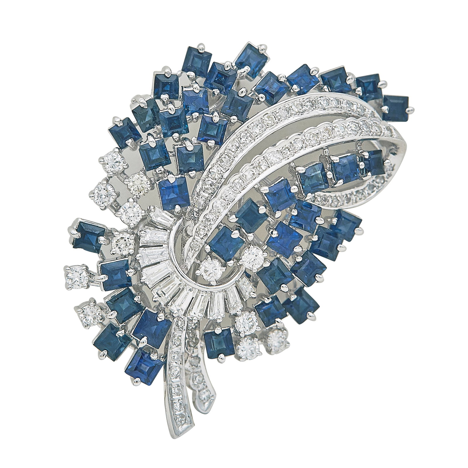 14K White Gold Sapphire and Diamond Bow Pin Brooch: METAL: 14K White Gold; APPROXIMATE TOTAL DIAMOND WEIGHT: 1.50 ctw; GEMSTONES: Sapphire; STAMPED: 585, W; CONDITION: Pre-owned, Good; ITEM WEIGHT (GRAMS): 17.26 g; MEASUREMENTS: Brooch 1 3/4 inch long 