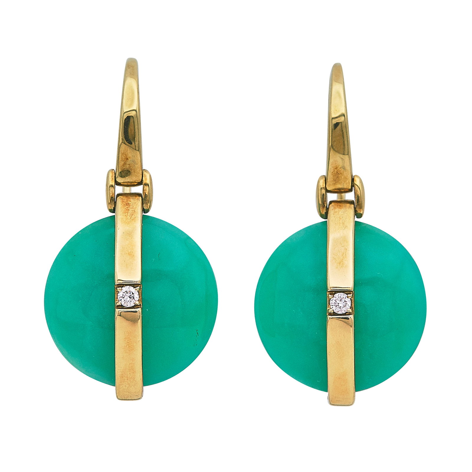 Ippolita 18K Yellow Gold Chrysoprase and Diamond Drop Earrings: BRAND: Ippolita; METAL: 18K Yellow Gold; APPROXIMATE TOTAL DIAMOND WEIGHT: 0.02 ctw; GEMSTONES: Chrysoprase; STAMPED: Ippolita, 18K, T; CONDITION: Pre-owned, Very Good; ITEM WEIGHT (GRAMS): 8.2 g; MEA