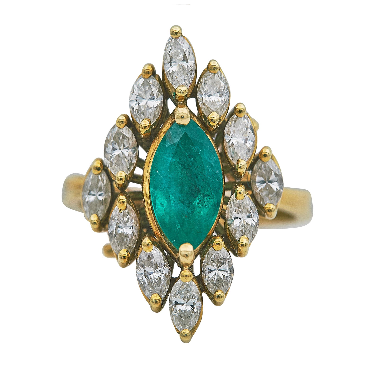 18K Yellow Gold Emerald and Diamond Cluster Ring: METAL: 18K Yellow Gold; APPROXIMATE TOTAL DIAMOND WEIGHT: 1.14 ctw; GEMSTONES: Emerald approx. 1.34 carats, Weight estimated by formula; STAMPED: 750, 68; CONDITION: Pre-owned, Good; ITEM WEIGHT (GRAM