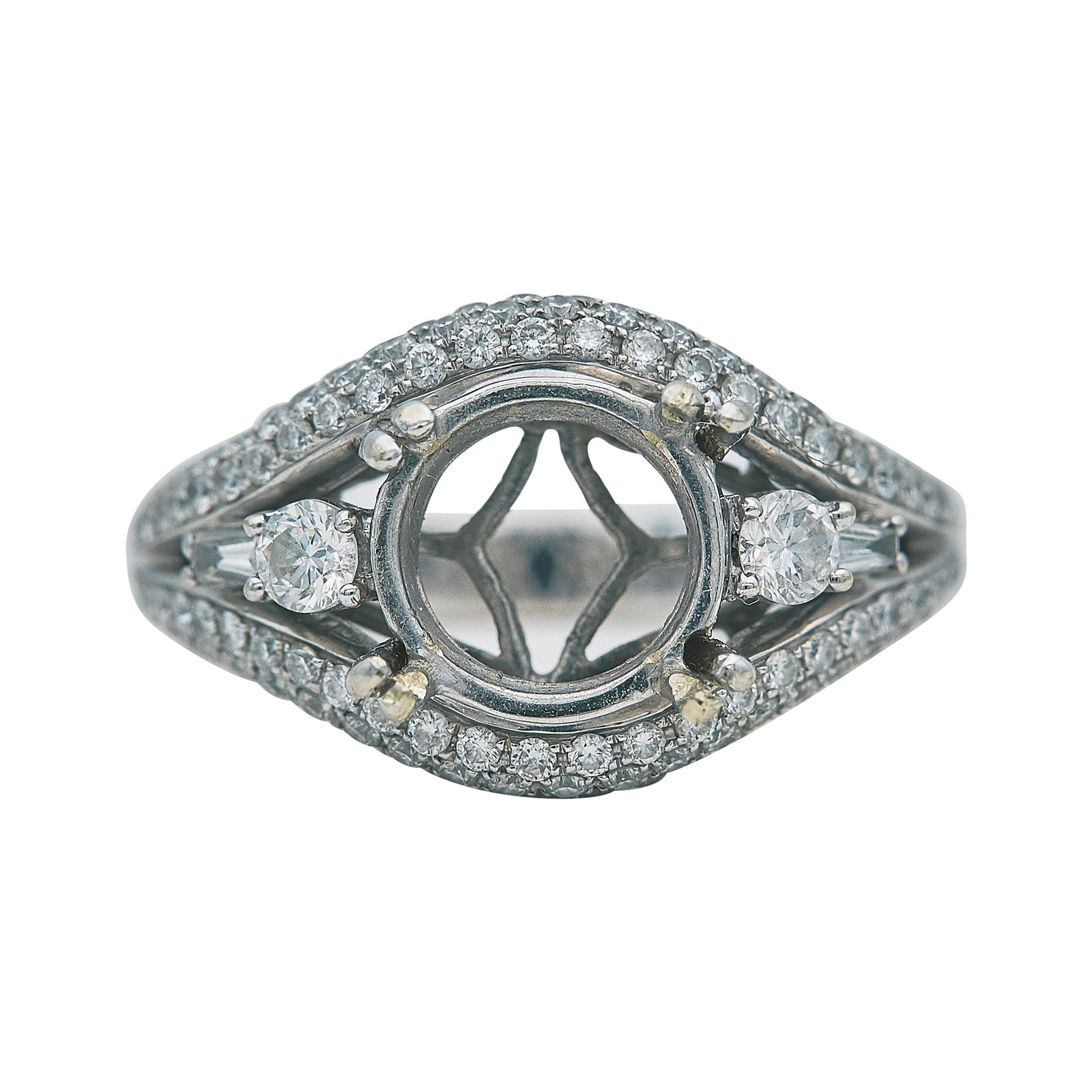 18K White Gold and Diamond Ring Setting: METAL: 18K White Gold; APPROXIMATE TOTAL DIAMOND WEIGHT: 1.12 ctw; STAMPED: 18K, MRB; CONDITION: Pre-owned, Very Good; ITEM WEIGHT (GRAMS): 7.1 g; MEASUREMENTS: Ring size 6 3/4, Center will fit approx