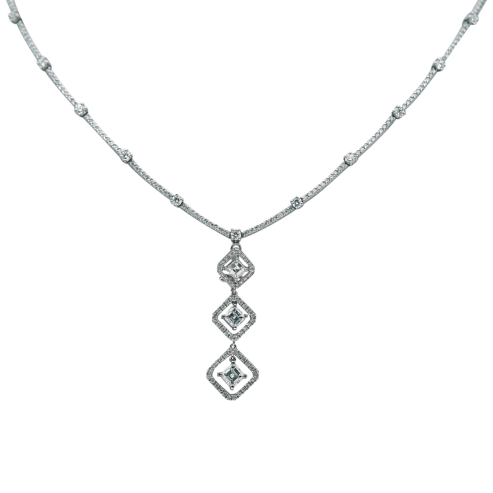 18K White Gold and Diamond Necklace with Removable Diamond Drop Pendant: METAL: 18K White Gold; APPROXIMATE TOTAL DIAMOND WEIGHT: 3 ctw; STAMPED: 750, 2; CONDITION: Pre-owned, Very Good; ITEM WEIGHT (GRAMS): 20.9 g; MEASUREMENTS: Necklace 15 5/8 inches long, Pendant 1 1/2 