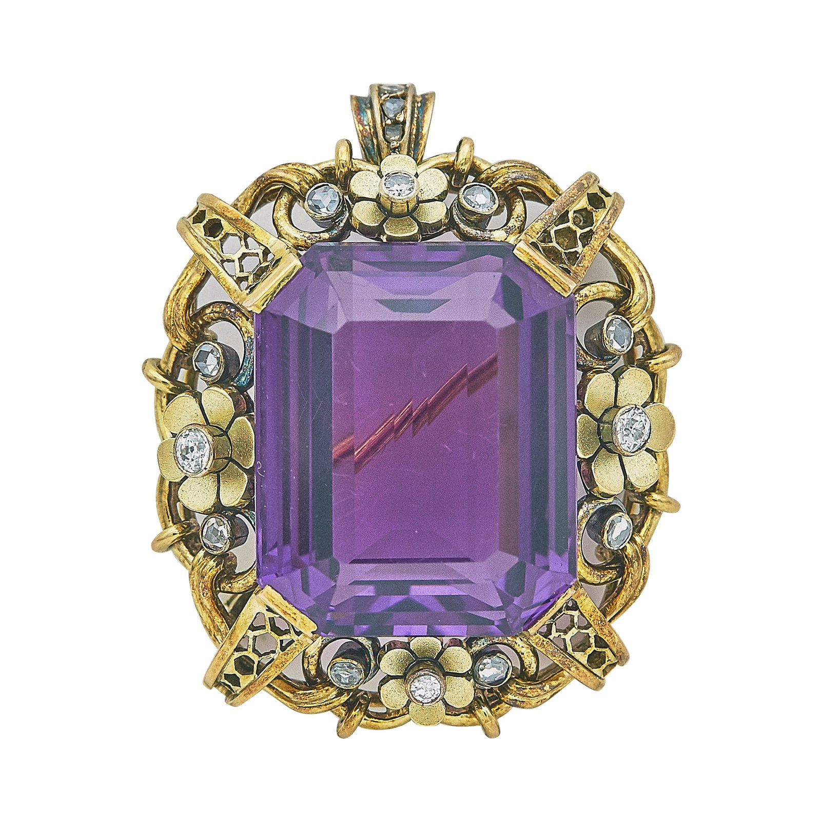 Retro 18K Yellow Gold Amethyst and Diamond Pendant Brooch (1 of 3)