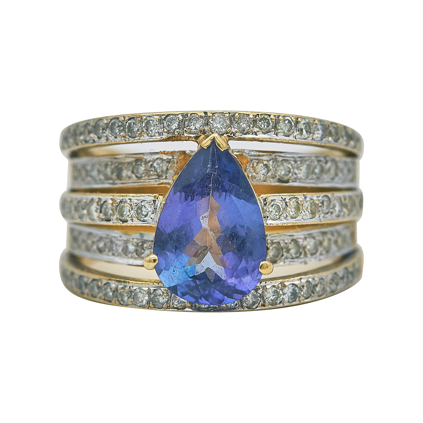 18K Yellow Gold Pear Cut Tanzanite and Diamond Ring: METAL: 18K Yellow Gold; APPROXIMATE TOTAL DIAMOND WEIGHT: 0.92 ctw; GEMSTONES: Tanzanite approx. 10.10 mm x 6.90 mm , With abrasions, chips, and scratches; STAMPED: 750; CONDITION: Pre-owned, Fair; IT