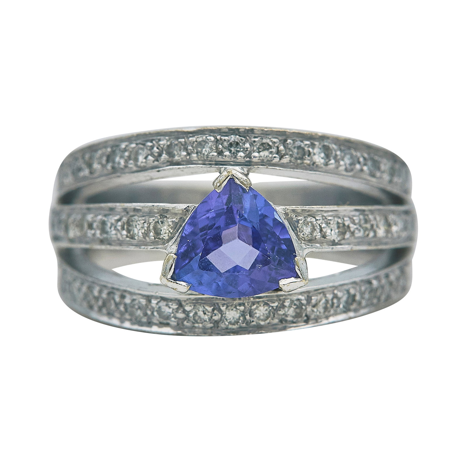 18K White Gold Tanzanite and Diamond Ring: METAL: 18K White Gold; APPROXIMATE TOTAL DIAMOND WEIGHT: 0.46 ctw; GEMSTONES: Tanzanite approx. 7.30 mm x 6.90 mm, With abraded facet junctions and light chips around girdle; STAMPED: 750; CONDITION: 