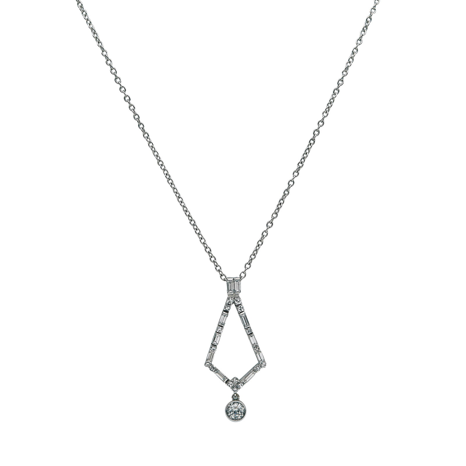 14K White Gold and Diamond Pendant Necklace: METAL: 14K White Gold; APPROXIMATE TOTAL DIAMOND WEIGHT: 0.75 ctw; STAMPED: 14K; CONDITION: Pre-owned, Good; ITEM WEIGHT (GRAMS): 6.04 g; MEASUREMENTS: Chain 17 1/2 inches long, Pendant 1 1/2 inch lon