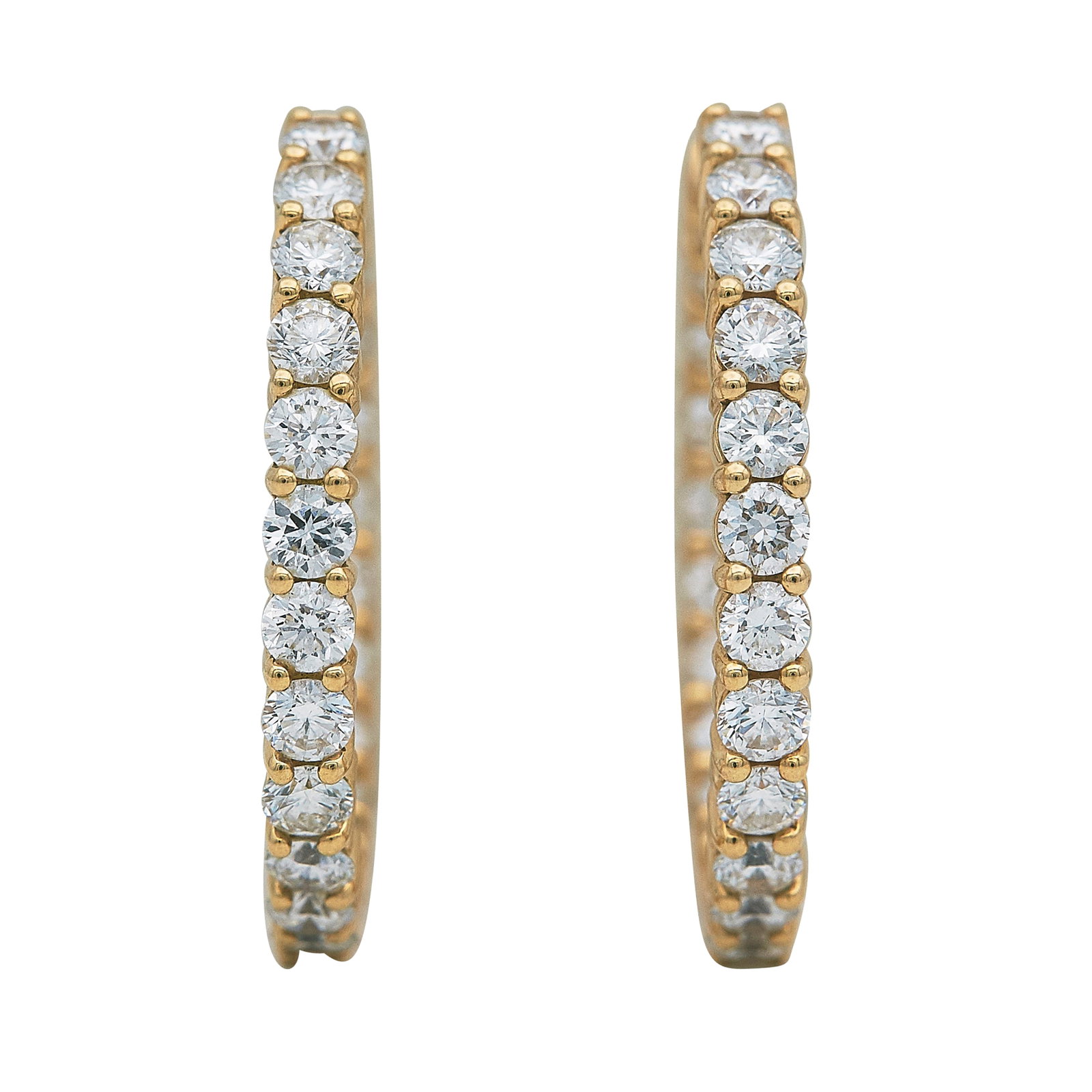 Roberto Coin 18K Yellow Gold and Diamond Inside Out Hoop Earrings: BRAND: Roberto Coin; METAL: 18K Yellow Gold; APPROXIMATE TOTAL DIAMOND WEIGHT: 3.50 ctw; GEMSTONES: Ruby; STAMPED: 18KT, RC; CONDITION: Pre-owned, Good; ITEM WEIGHT (GRAMS): 10 g; MEASUREMENTS: Earrin
