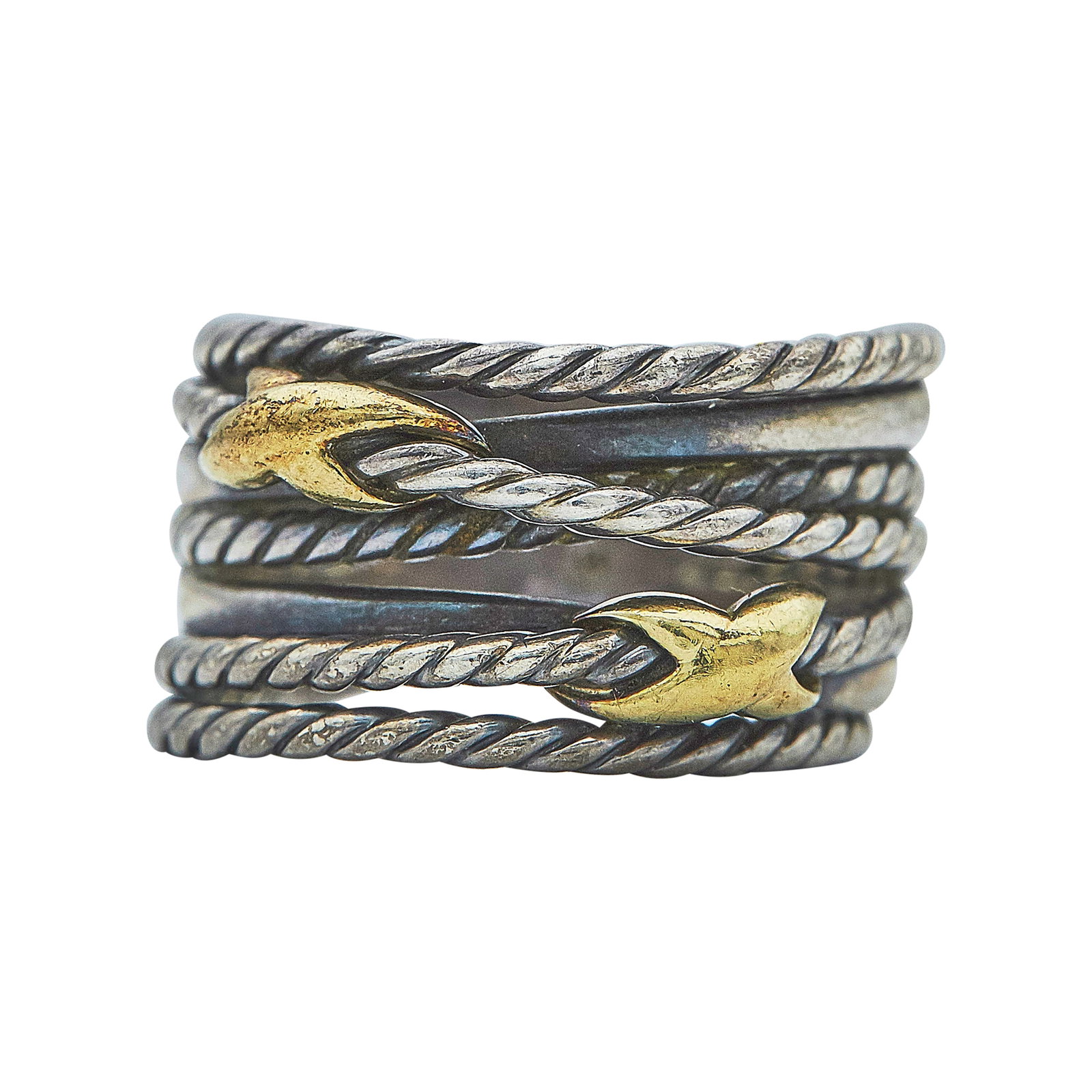 David Yurman 18K Yellow Gold and Sterling Silver Double Crossover Band Ring: BRAND: David Yurman; METAL: 18K Yellow Gold/Stainless Steel; STAMPED: ©D.Y., 925, 750; CONDITION: Pre-owned, Good; ITEM WEIGHT (GRAMS): 7.7 g; MEASUREMENTS: Ring size 6, 7/16 inch wide