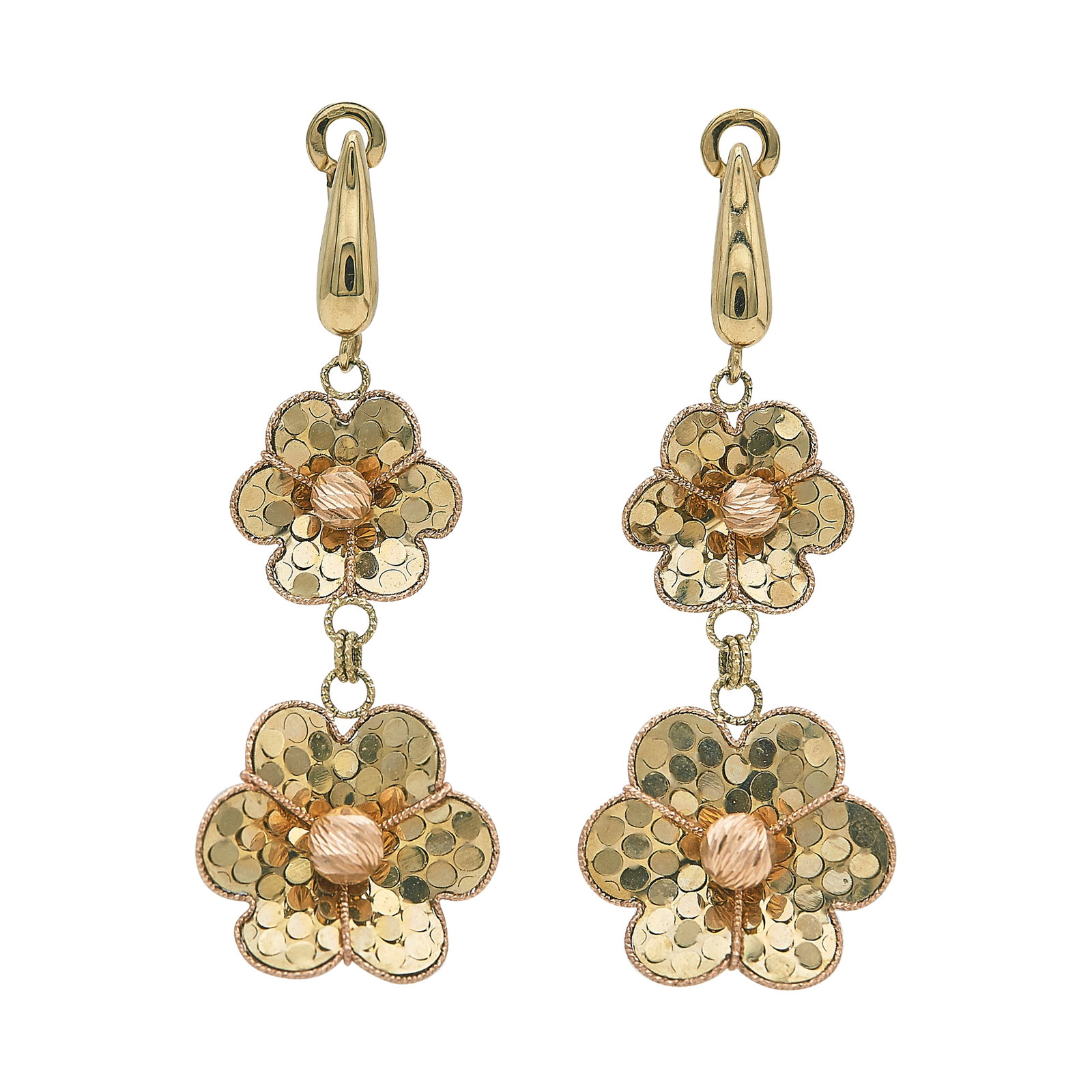 14K Yellow and Rose Gold Flower Pendant Earrings: METAL: 14K Yellow Gold/Rose Gold; STAMPED: Unidentified mark; TESTED: 14K Yellow Gold/Rose Gold; CONDITION: Pre-owned, Good; ITEM WEIGHT (GRAMS): 7.7 g; MEASUREMENTS: Earrings 2 1/4 inches long x 13/1