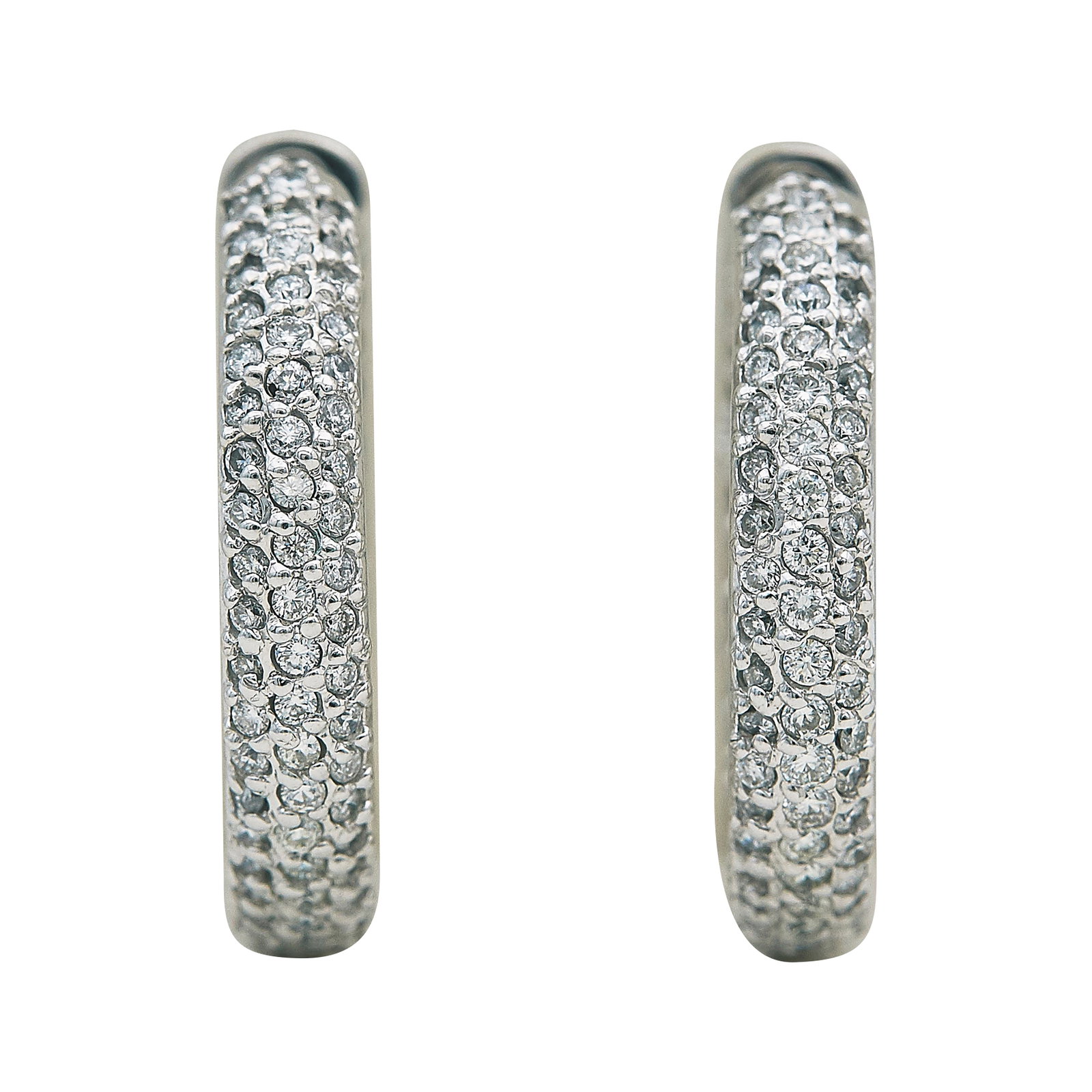 14K White Gold and Diamond Inside Out Hoop Earrings: METAL: 14K White Gold; APPROXIMATE TOTAL DIAMOND WEIGHT: 1.90 ctw; TESTED: 14K White Gold; CONDITION: Pre-owned, Good; ITEM WEIGHT (GRAMS): 16.9 g; MEASUREMENTS: Earrings approx. 1 inch in diameter; A