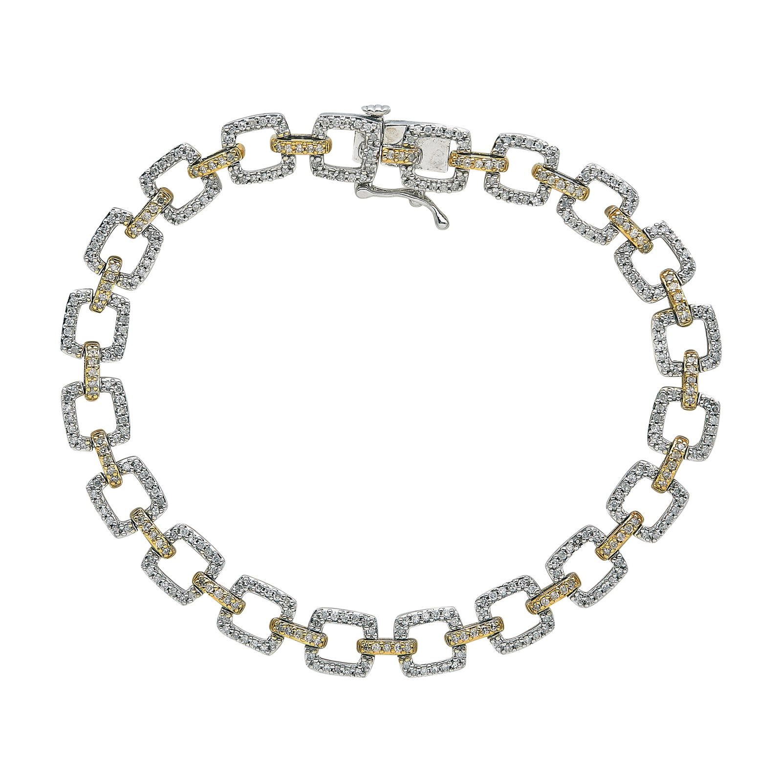 14K White and Yellow Gold Diamond Link Bracelet: METAL: 14K Yellow Gold/White Gold; APPROXIMATE TOTAL DIAMOND WEIGHT: 1 ctw; STAMPED: 14K; CONDITION: Pre-owned, Good; ITEM WEIGHT (GRAMS): 14 g; MEASUREMENTS: Bracelet 7 3/8 inches long x 1/4 inch wid