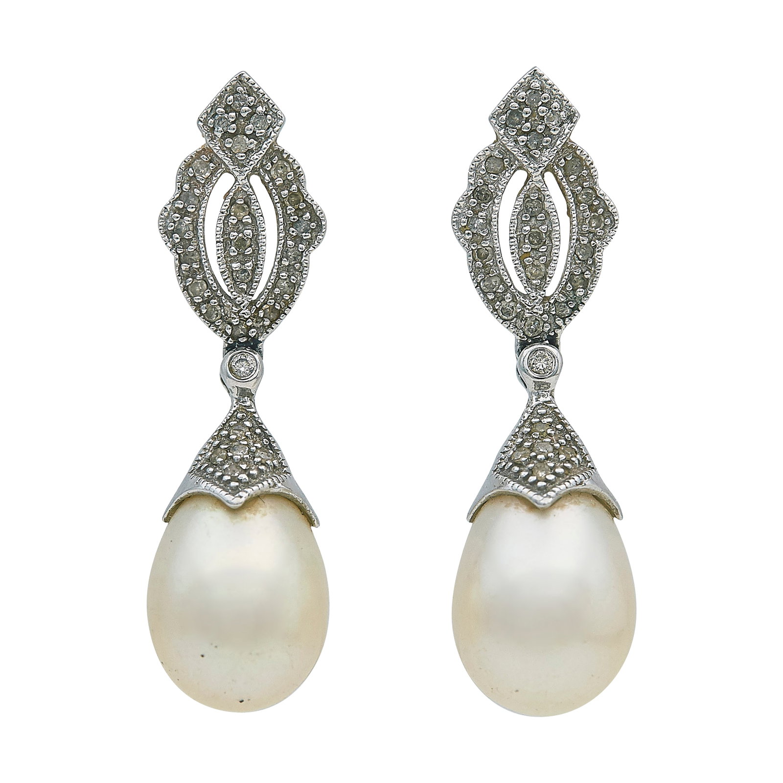 14K White Gold Pearl and Diamond Drop Earrings (1 of 3)