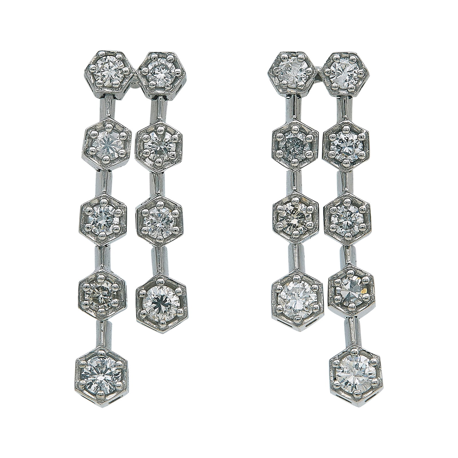 14K White Gold and Diamond Drop Earrings: METAL: 14K White Gold; APPROXIMATE TOTAL DIAMOND WEIGHT: 1.08 ctw; STAMPED: 585; CONDITION: Pre-owned, Good; ITEM WEIGHT (GRAMS): 4.5 g; MEASUREMENTS: Earrings 1 1/16 inch long x 3/8 inch wide; ADDITI