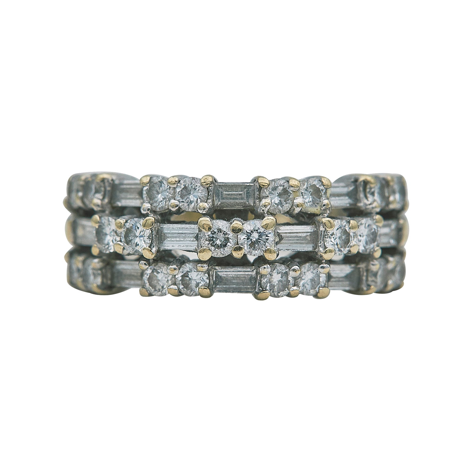 18K White Gold and Diamond Band Ring: METAL: 18K White Gold; APPROXIMATE TOTAL DIAMOND WEIGHT: 1.06 ctw; STAMPED: 750, Maker's mark; CONDITION: Pre-owned, Good; ITEM WEIGHT (GRAMS): 5.9 g; MEASUREMENTS: Ring size 3 3/4 with sizing beads