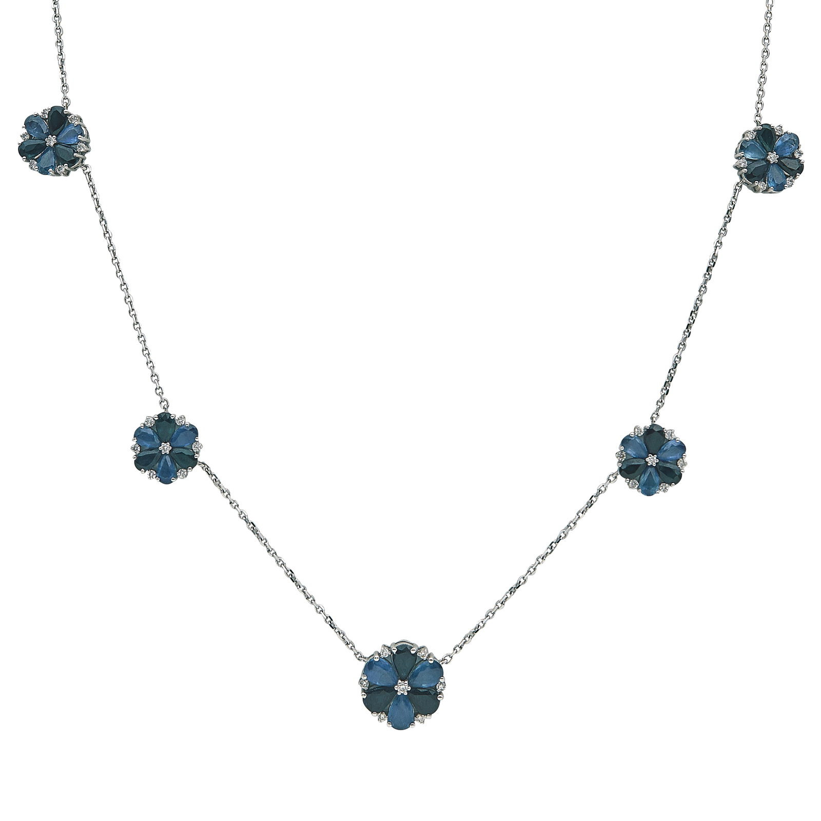 14K White Gold Sapphire and Diamond Flower Station Necklace: METAL: 14K White Gold; APPROXIMATE TOTAL DIAMOND WEIGHT: 0.31 ctw; GEMSTONES: Sapphire; STAMPED: 14K, 585, P; CONDITION: Pre-owned, Very Good; ITEM WEIGHT (GRAMS): 9.4 g; MEASUREMENTS: Necklace 18 inc