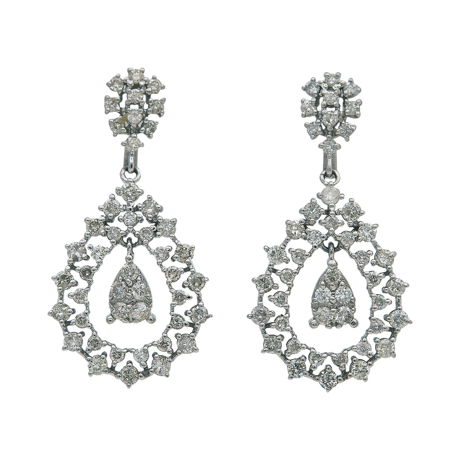 14K White Gold and Diamond Drop Earrings: METAL: 14K White Gold; APPROXIMATE TOTAL DIAMOND WEIGHT: 1.13 ctw; STAMPED: Earrings marked: R&S INC; TESTED: 14K White Gold; CONDITION: Pre-owned, Good; ITEM WEIGHT (GRAMS): 4.1 g; MEASUREMENTS: Earr