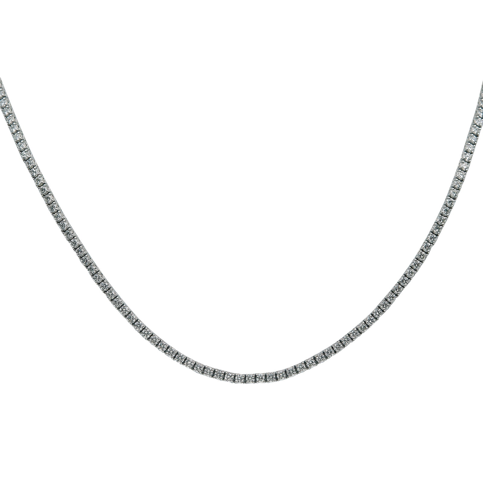 14K White Gold and Diamond Tennis Necklace: METAL: 14K White Gold; APPROXIMATE TOTAL DIAMOND WEIGHT: 6.30 ctw; STAMPED: 14K; CONDITION: Pre-owned, Very Good; ITEM WEIGHT (GRAMS): 17.2 g; MEASUREMENTS: Necklace 18 1/8 inches long; ADDITIONAL COM
