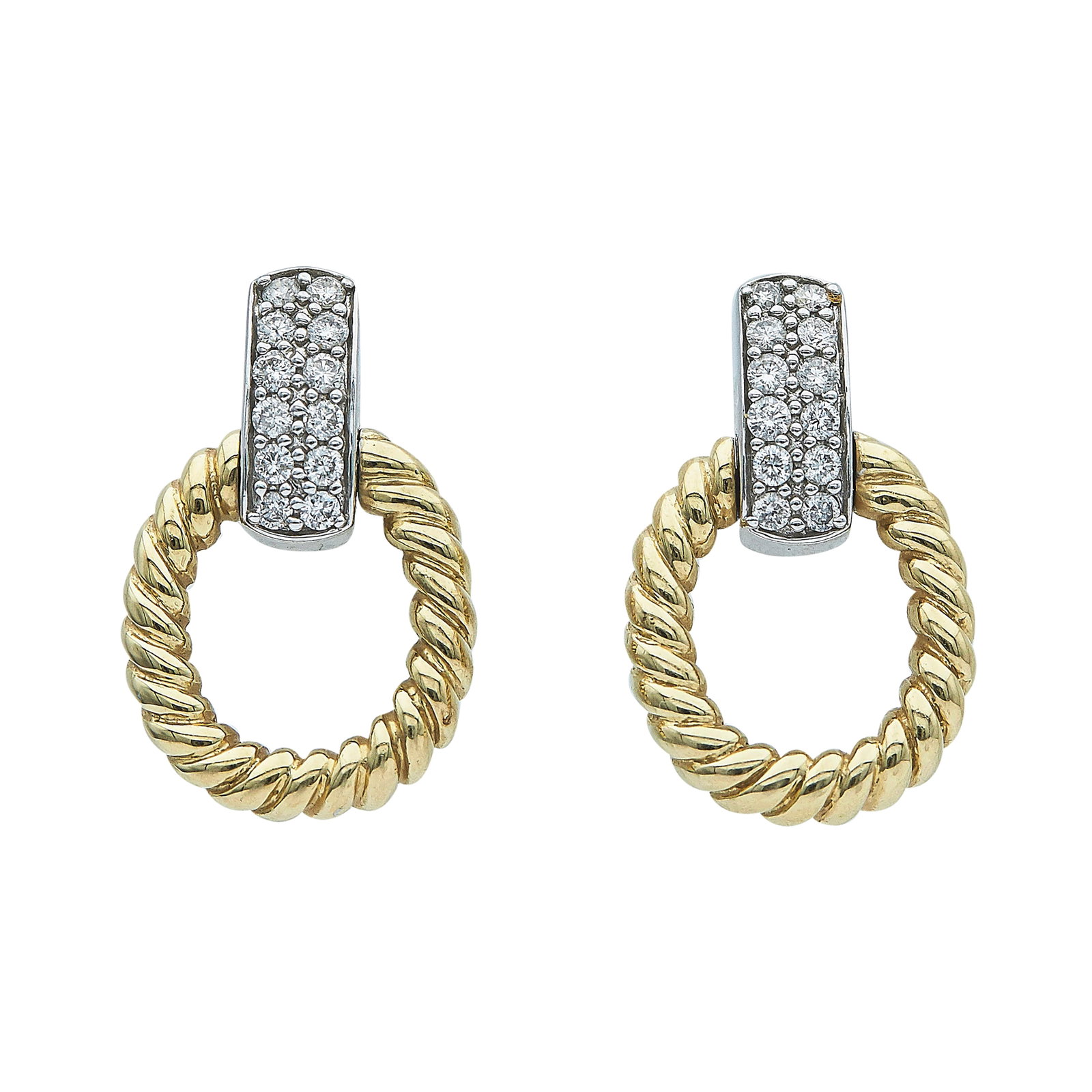 14K Yellow and White Gold Diamond Drop Earrings: METAL: 14K Yellow Gold/White Gold; APPROXIMATE TOTAL DIAMOND WEIGHT: 0.72 ctw; STAMPED: Backs marked: 14K; TESTED: 14K Yellow Gold/White Gold; CONDITION: Pre-owned, Very Good; ITEM WEIGHT (GRAMS): 9.8