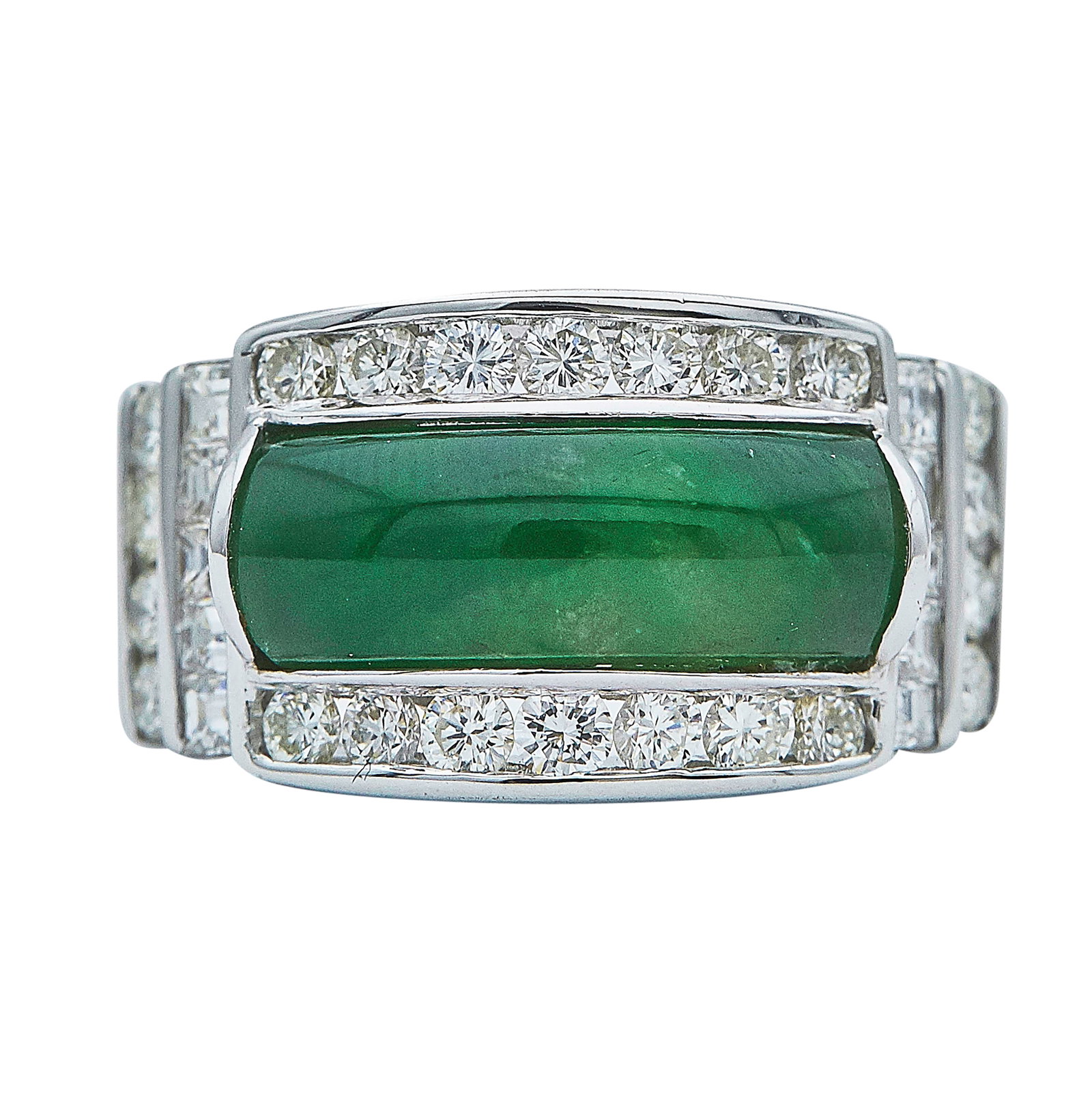 18K White Gold Jade and Diamond Band Ring: METAL: 18K White Gold; APPROXIMATE TOTAL DIAMOND WEIGHT: 1.35 ctw; GEMSTONES: Jade approx. 15.75 mm x 5.95 mm; STAMPED: WO, 750; CONDITION: Pre-owned, Very Good; ITEM WEIGHT (GRAMS): 10.5 g; MEASUREME