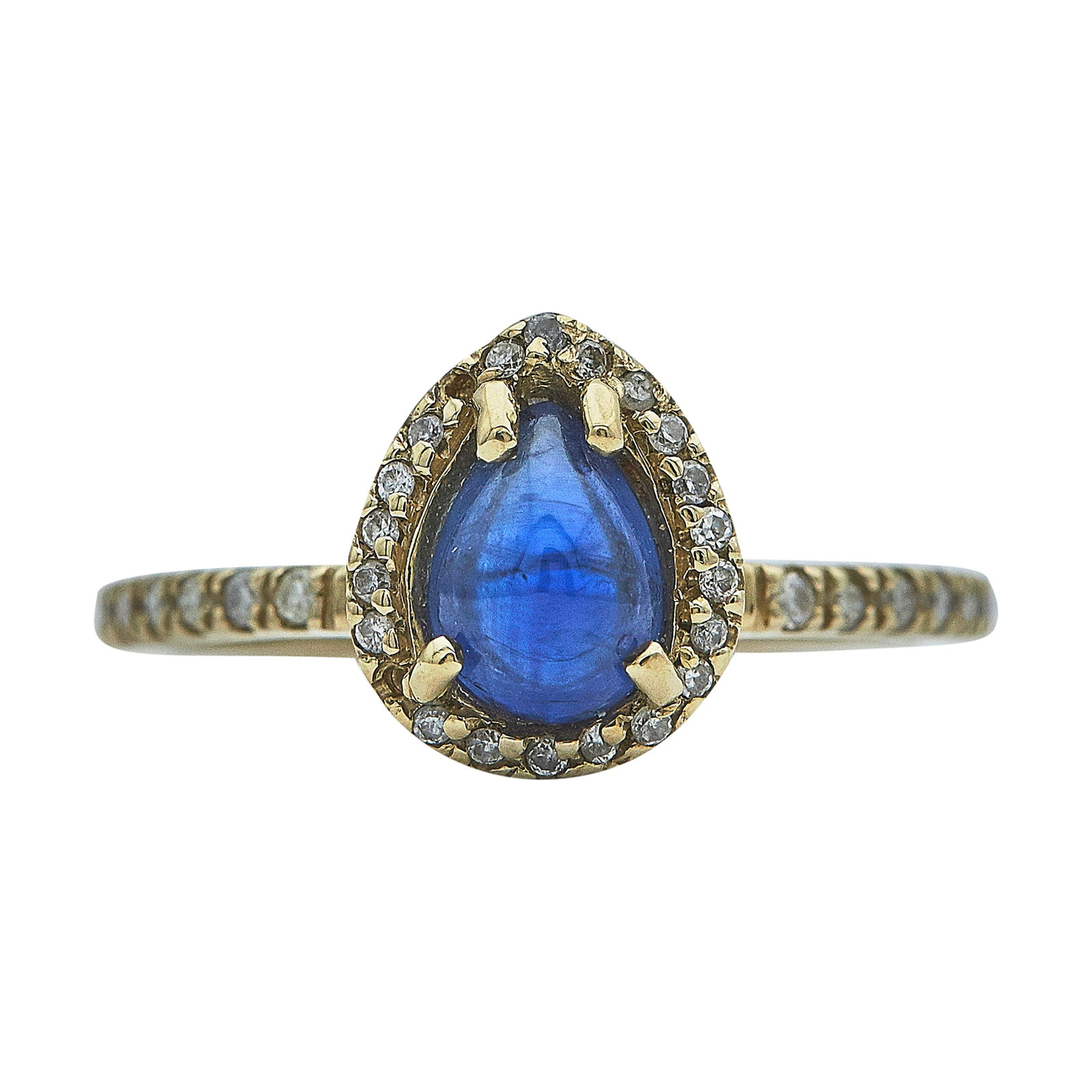 18K Yellow Gold Sapphire and Diamond Ring: METAL: 18K Yellow Gold; APPROXIMATE TOTAL DIAMOND WEIGHT: 0.19 ctw; GEMSTONES: Sapphire approx. 7.30 mm x 4.75 mm; TESTED: 18K Yellow Gold; CONDITION: Pre-owned, Good; ITEM WEIGHT (GRAMS): 2.8 g; MEAS