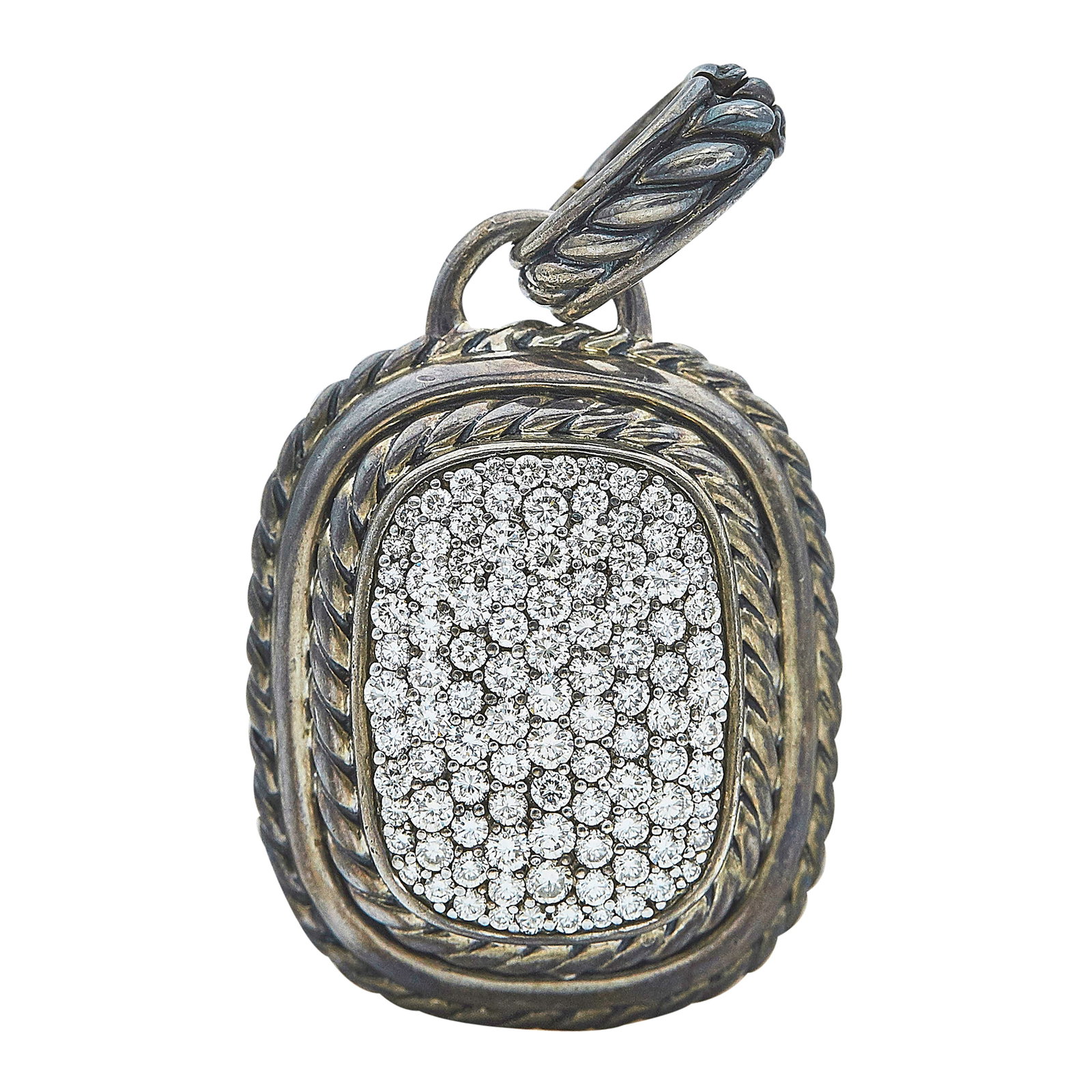 David Yurman Sterling Silver and Diamond Pendant: BRAND: David Yurman; METAL: Sterling Silver; APPROXIMATE TOTAL DIAMOND WEIGHT: 1.50 ctw; STAMPED: © DY, 925; CONDITION: Pre-owned, Good; ITEM WEIGHT (GRAMS): 18.1 g; MEASUREMENTS: Pendant 1 3/4 inch 