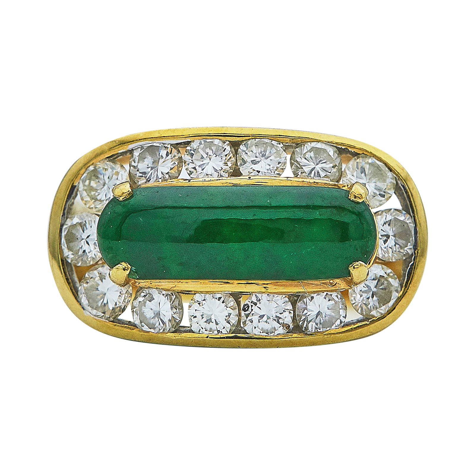 18K Yellow Gold Jade and Diamond Ring: METAL: 18K Yellow Gold; APPROXIMATE TOTAL DIAMOND WEIGHT: 0.84 ctw; GEMSTONES: Jade approx. 13.60 mm x 4.60 mm; STAMPED: 750; CONDITION: Pre-owned, Good; ITEM WEIGHT (GRAMS): 6.2 g; MEASUREMENTS: Ring