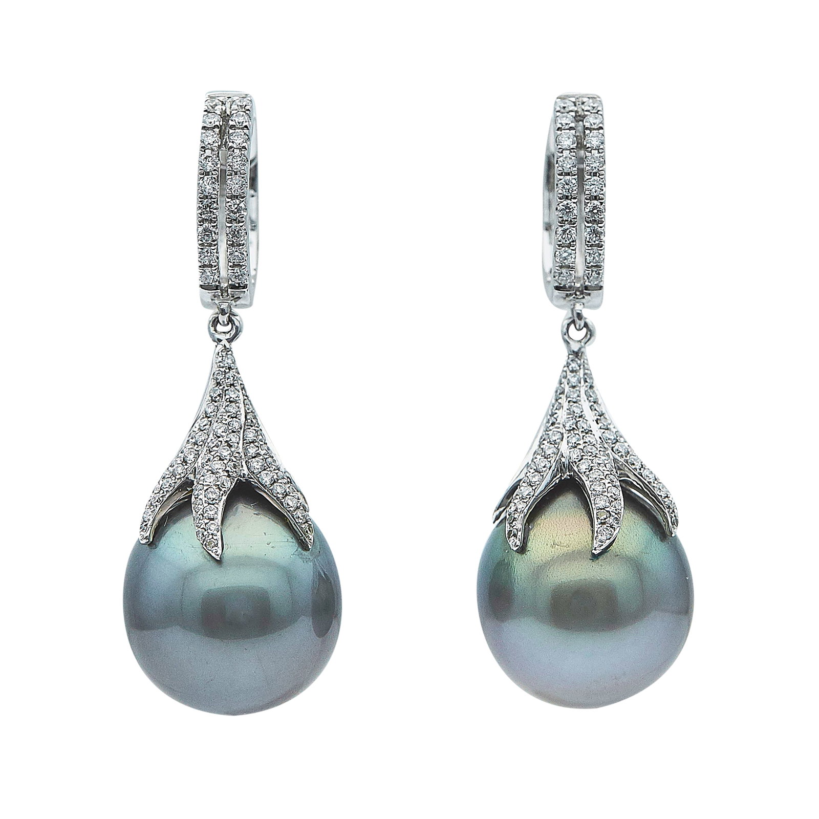 18K White Gold Black Pearl and Diamond Drop Earrings (1 of 3)