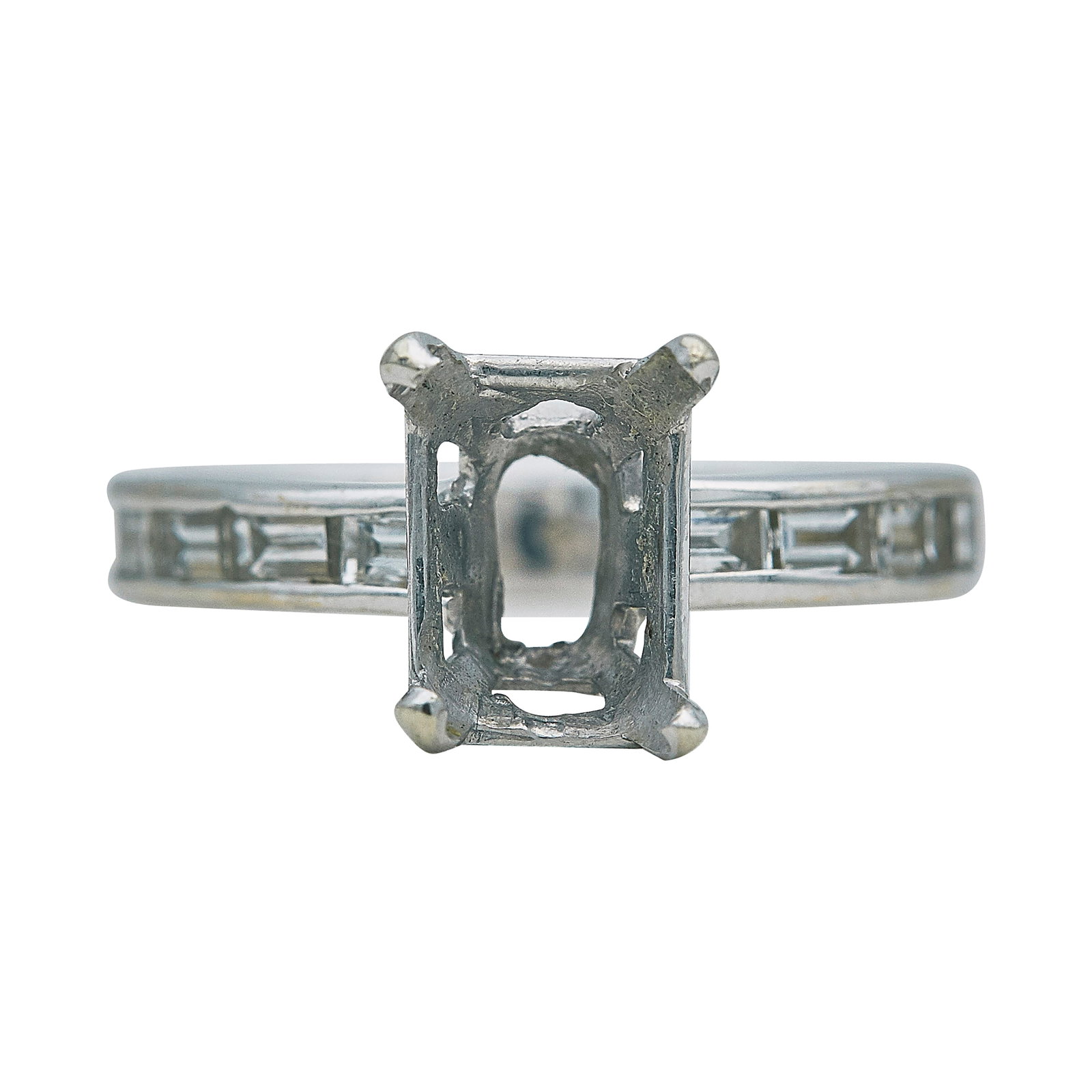 14K White Gold and Diamond Engagement Ring Setting: METAL: 14K White Gold; APPROXIMATE TOTAL DIAMOND WEIGHT: 1.30 ctw; TESTED: 14K White Gold; CONDITION: Pre-owned, Good; ITEM WEIGHT (GRAMS): 3.1 g; MEASUREMENTS: Ring size 7 1/4, Center stone will fit 