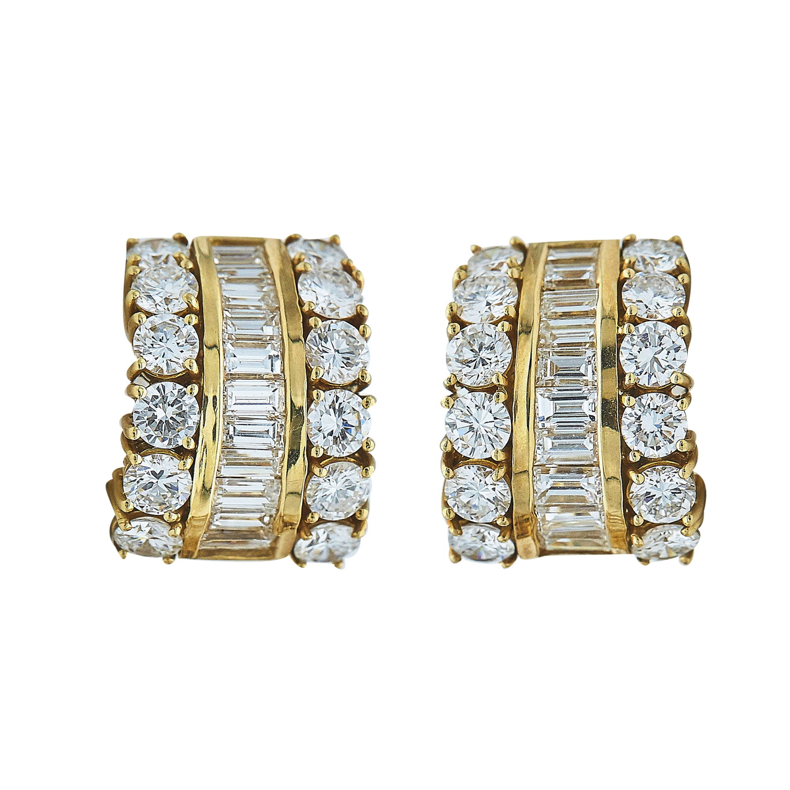 18K Yellow Gold and Diamond Earrings: METAL: 18K Yellow Gold; APPROXIMATE TOTAL DIAMOND WEIGHT: 5.70 ctw; STAMPED: 750; CONDITION: Pre-owned, Very Good; ITEM WEIGHT (GRAMS): 15.1 g; MEASUREMENTS: Earrings 3/4 inch long x 1/2 inch wide; AD