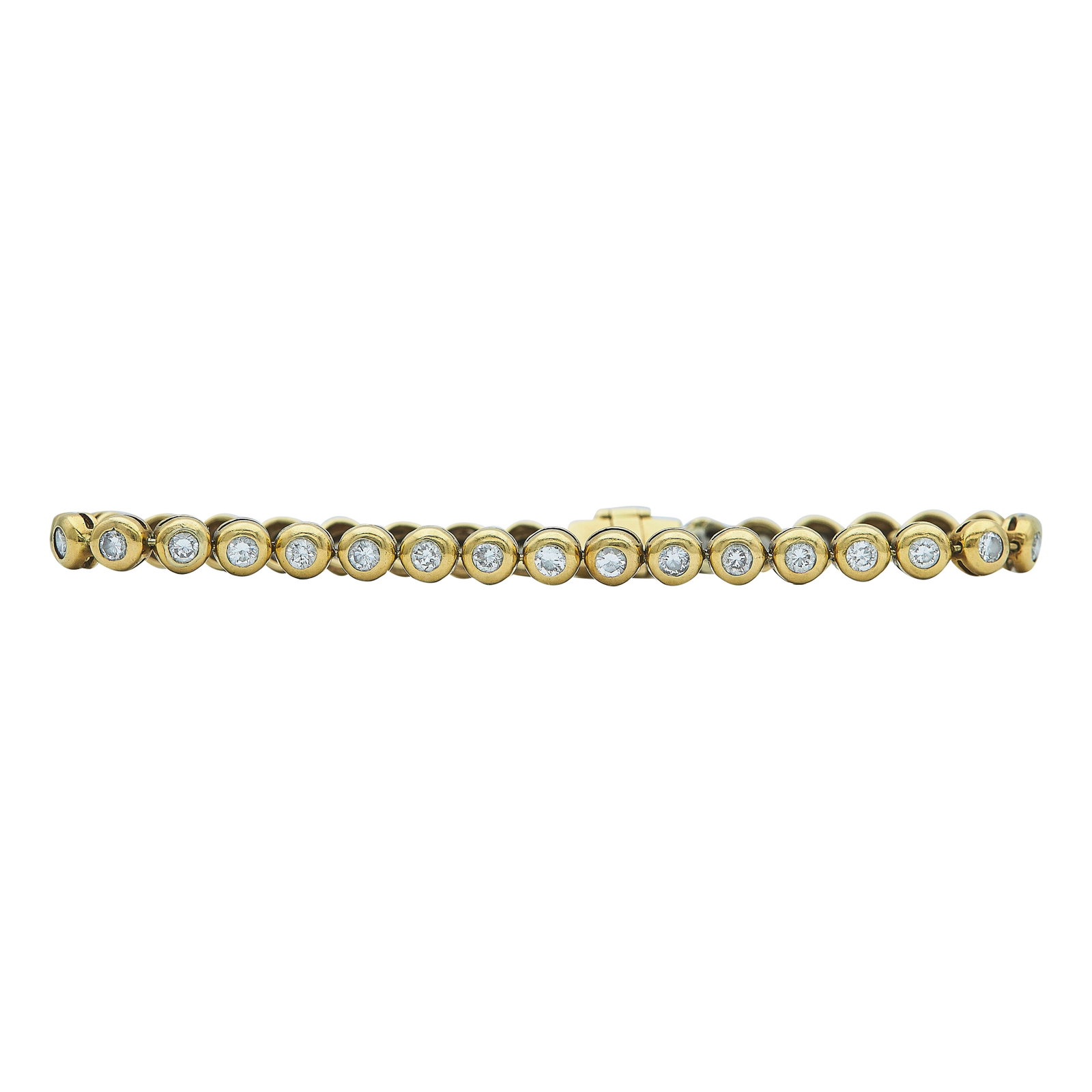 18K Yellow Gold and Bezel Set Diamond Tennis Bracelet: METAL: 18K Yellow Gold; APPROXIMATE TOTAL DIAMOND WEIGHT: 2.10 ctw; TESTED: 18K Yellow Gold; CONDITION: Pre-owned, Good; ITEM WEIGHT (GRAMS): 11.6 g; MEASUREMENTS: Bracelet 6 3/4 inches long