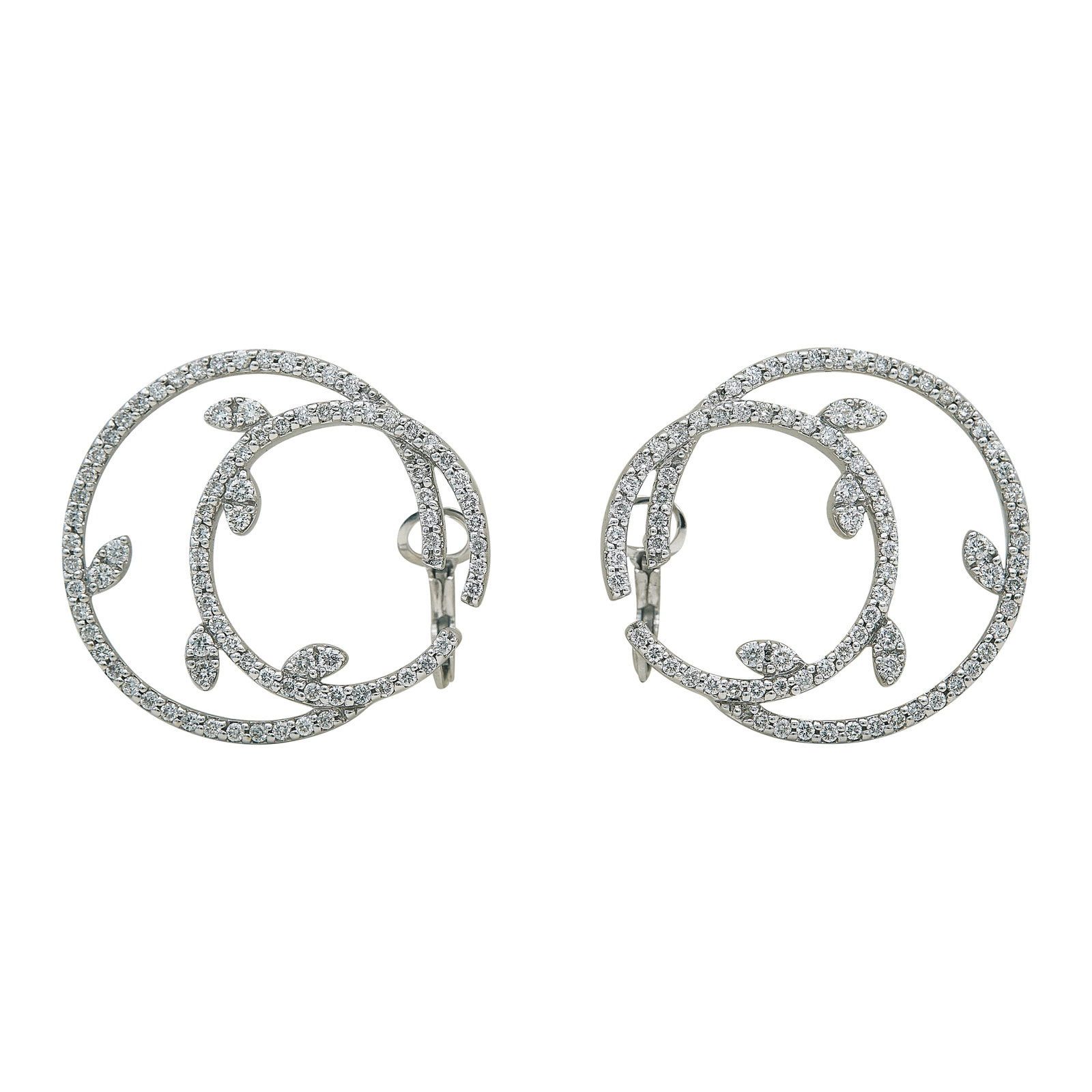 18K White Gold and Diamond Earrings: METAL: 18K White Gold; APPROXIMATE TOTAL DIAMOND WEIGHT: 2.50 ctw; STAMPED: 750; CONDITION: Pre-owned, Very Good; ITEM WEIGHT (GRAMS): 14.4 g; MEASUREMENTS: Earrings 1 1/4 inch long x 1 1/8 inch wide;
