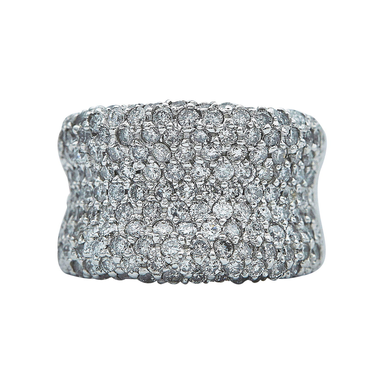 14K White Gold and Diamond Pavé Band Ring: METAL: 14K White Gold; APPROXIMATE TOTAL DIAMOND WEIGHT: 1.70 ctw; STAMPED: © A/C; TESTED: 14K White Gold; CONDITION: Pre-owned, Good; ITEM WEIGHT (GRAMS): 14.8 g; MEASUREMENTS: Ring size 7 1/2
