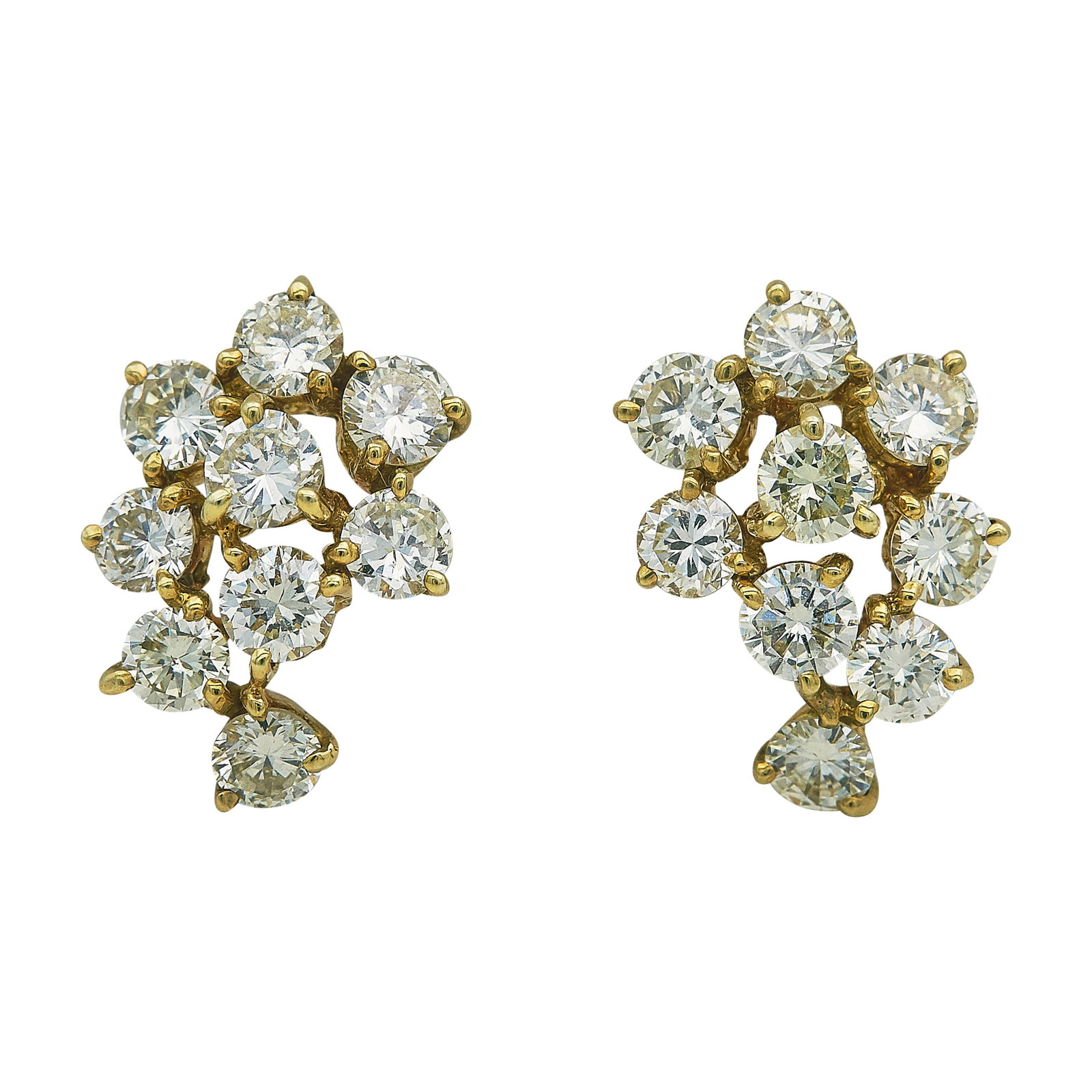 18K Yellow Gold and Diamond Cluster Earrings: METAL: 18K Yellow Gold; APPROXIMATE TOTAL DIAMOND WEIGHT: 2.50 ctw; STAMPED: 18K; CONDITION: Pre-owned, Very Good; ITEM WEIGHT (GRAMS): 3.6 g; MEASUREMENTS: Earrings 5/8 inch long x 3/8 inch wide; ADD