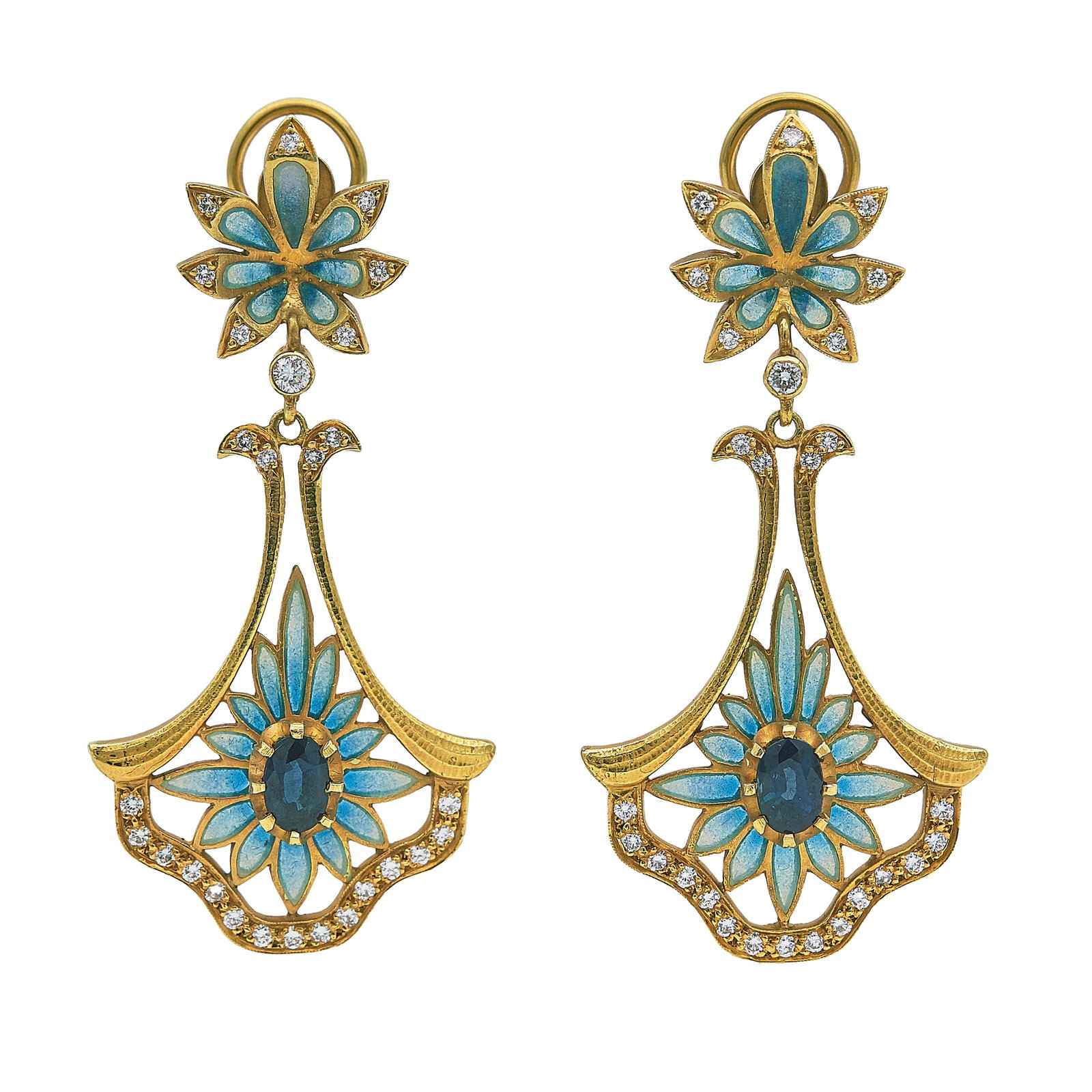 Masriera 18K Yellow Gold Sapphire, Diamond, and Enamel Floral Drop Earrings (1 of 5)