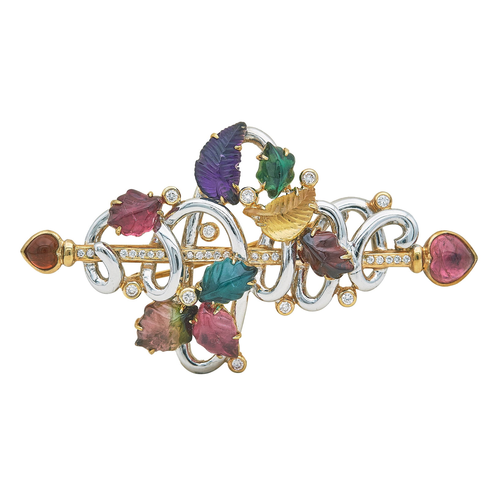 18K Yellow and White Gold Multi-Gemstone and Diamond Floral Pin Brooch: METAL: 18K Yellow Gold/White Gold; APPROXIMATE TOTAL DIAMOND WEIGHT: 0.90 ctw; GEMSTONES: Tourmaline, Quartz; STAMPED: 750, Maker's mark; CONDITION: Pre-owned, Very Good; ITEM WEIGHT (GRAMS): 30.4 g; 