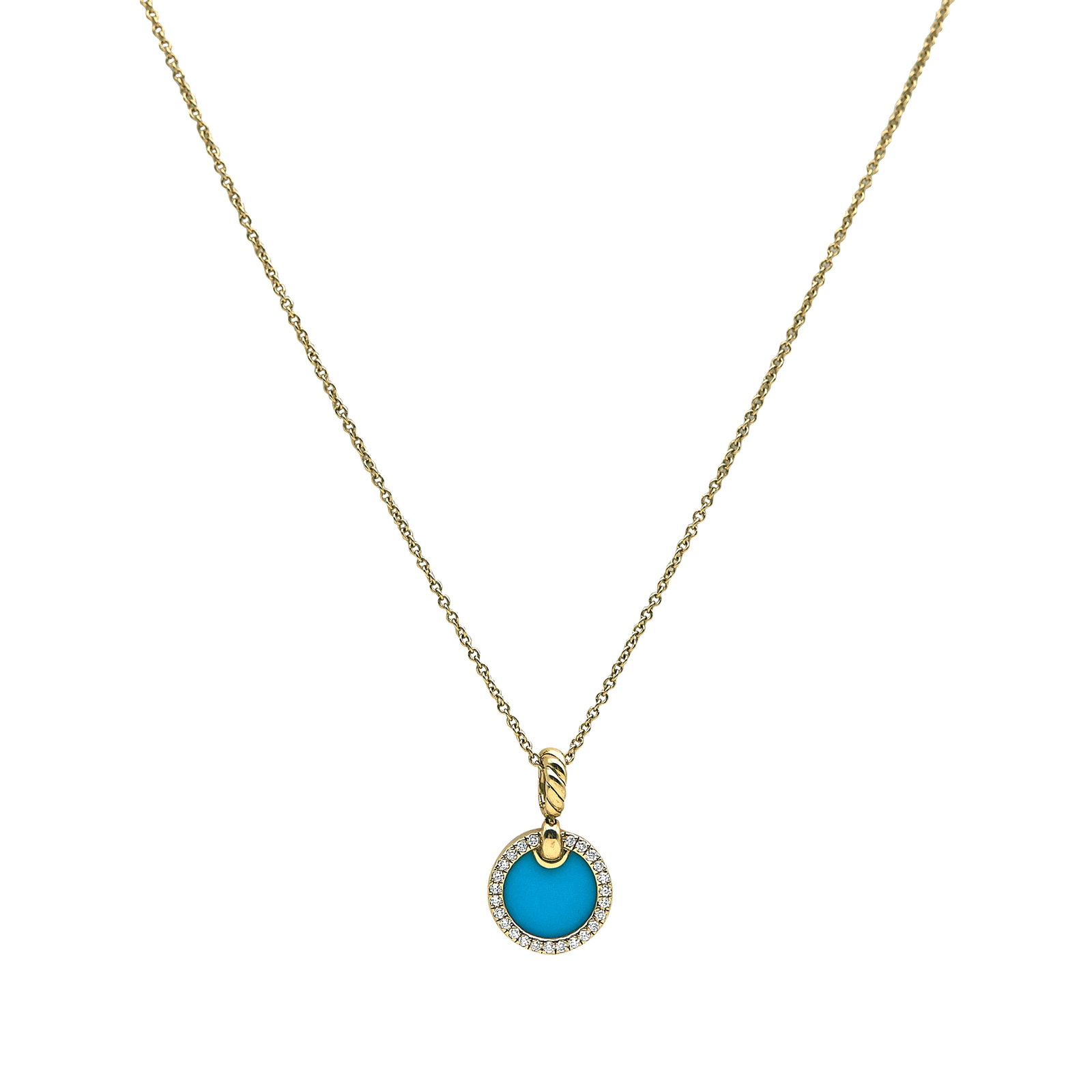 David Yurman 18K Yellow Gold Turquoise and Diamond Pendant Necklace: BRAND: David Yurman; METAL: 18K Yellow Gold; APPROXIMATE TOTAL DIAMOND WEIGHT: 0.10 ctw; GEMSTONES: Turquoise; STAMPED: © DY, 750; CONDITION: Pre-owned, Good; ITEM WEIGHT (GRAMS): 4 g; MEASUREMENTS: 