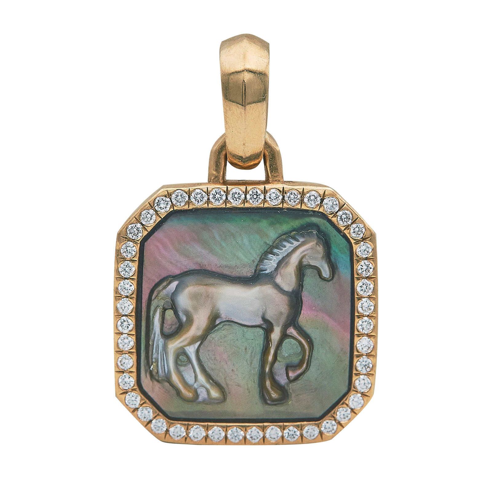David Yurman 18K Rose Gold Mother-of-Pearl and Diamond Horse Cameo Pendant: BRAND: David Yurman; METAL: 18K Rose Gold; APPROXIMATE TOTAL DIAMOND WEIGHT: 0.22 ctw; GEMSTONES: Mother-of-Pearl; STAMPED: © DY, 750; CONDITION: Pre-owned, Very Good; ITEM WEIGHT (GRAMS): 6.2 g; MEA