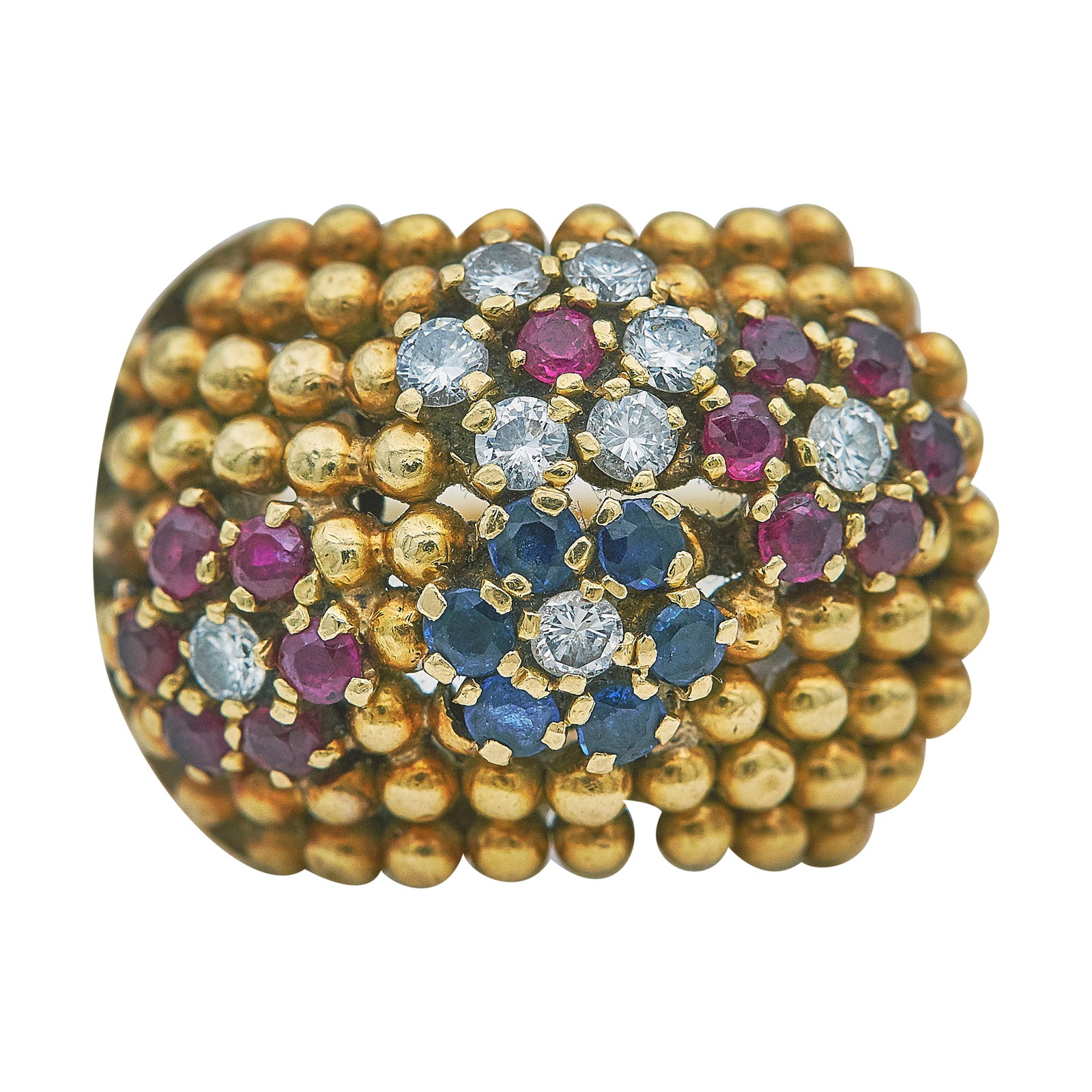 14K Yellow Gold Diamond, Ruby, and Sapphire Flower Bombe Style Ring (1 of 3)