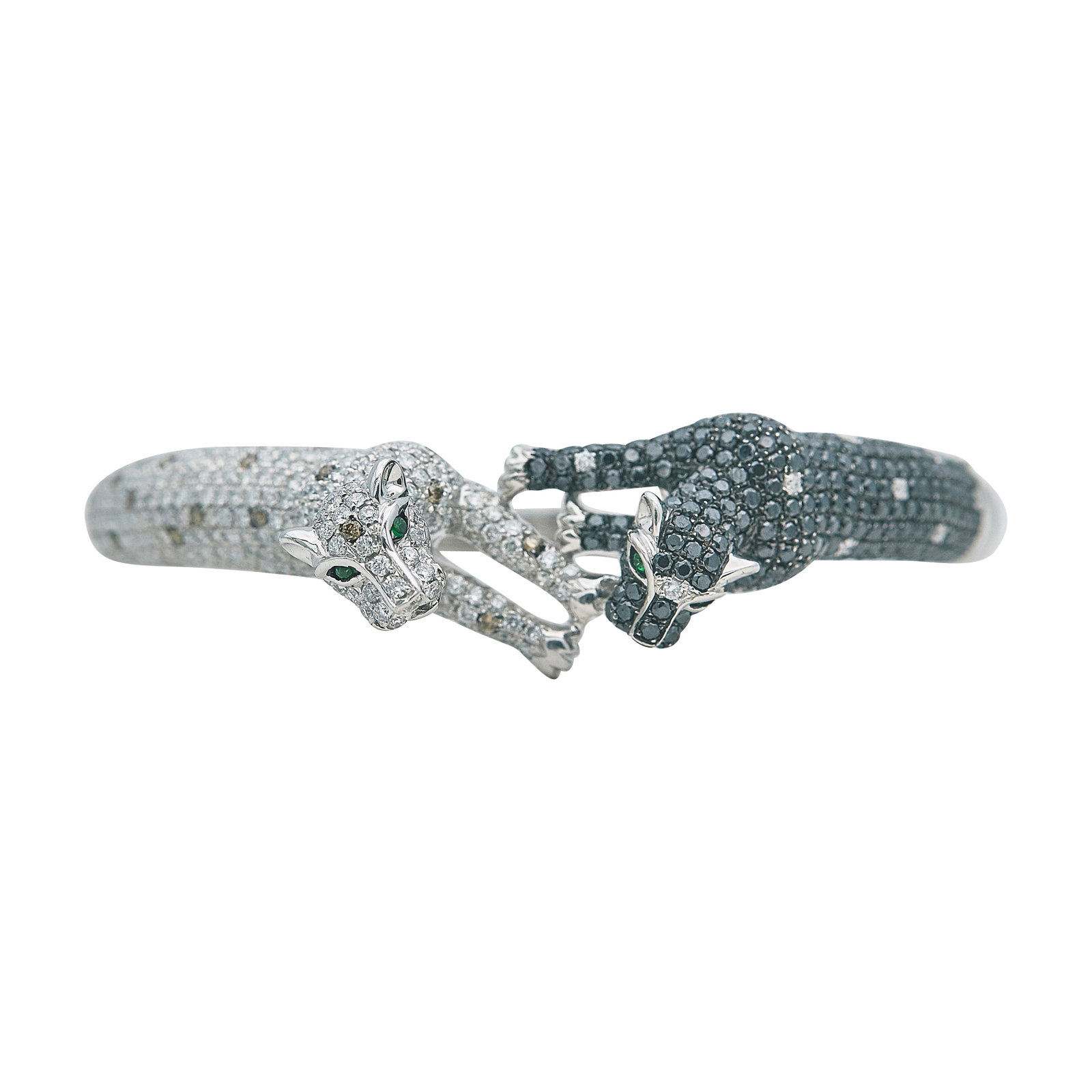 18K White Gold Multicolored Diamond Pave Panther Bangle: METAL: 18K White Gold; APPROXIMATE TOTAL DIAMOND WEIGHT: 2.15 ctw; GEMSTONES: Colored Diamonds approx. 1.35 Carats; STAMPED: 18K, CJ; CONDITION: Pre-owned, Good; ITEM WEIGHT (GRAMS): 31.4 g; MEASUREME
