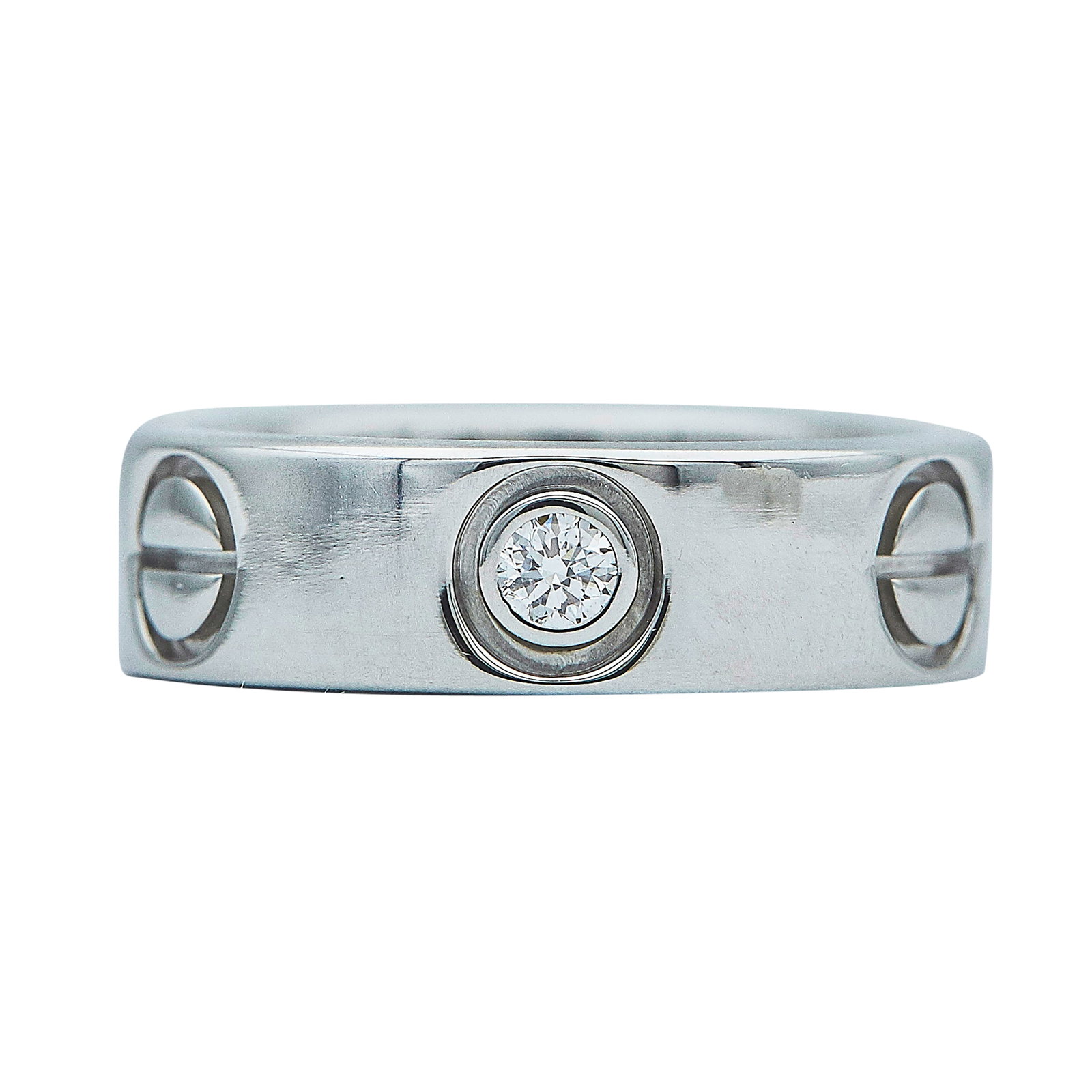 Cartier Love 18K White Gold and Diamond Ring: BRAND: Cartier; METAL: 18K White Gold; APPROXIMATE TOTAL DIAMOND WEIGHT: 0.18 ctw; STAMPED: 750, 53, © , Serial number, French mark; CONDITION: Pre-owned, Very Good; ITEM WEIGHT (GRAMS): 7.3 g; MEASU