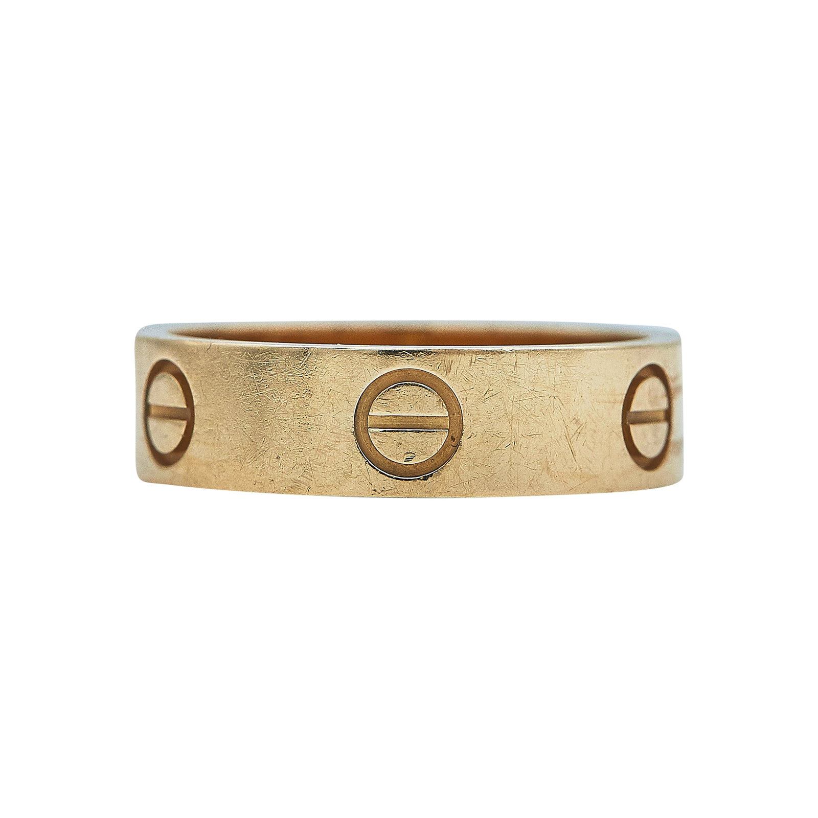 Cartier Love 18K Rose Gold Band Ring: BRAND: Cartier; METAL: 18K Rose Gold; STAMPED: © Cartier, 57, Serial number, Au 750, French mark; CONDITION: Pre-owned, Good; ITEM WEIGHT (GRAMS): 6.4 g; MEASUREMENTS: Cartier ring size 57, US ring s