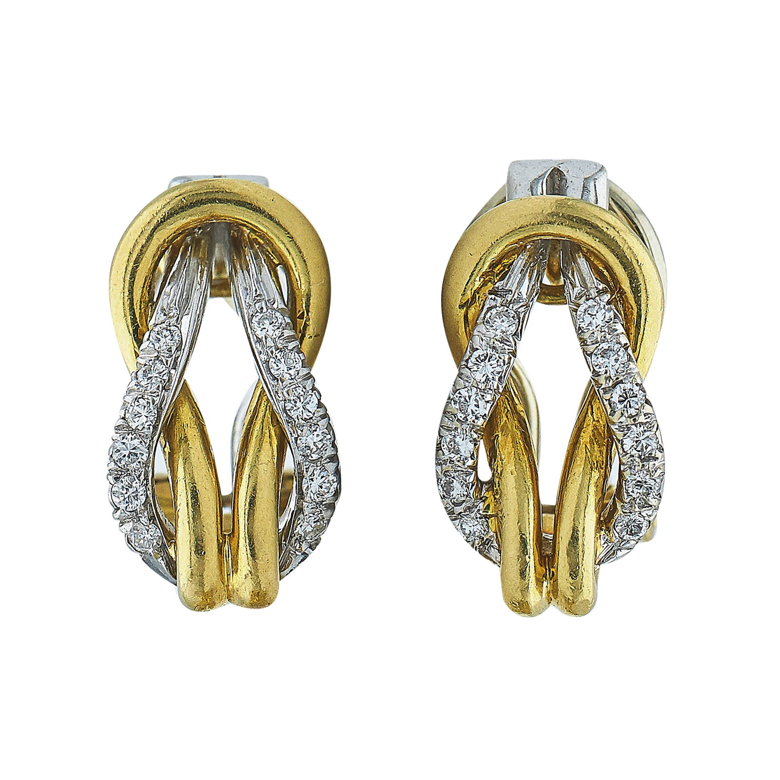 Gucci 18K Yellow and White Gold Diamond Knot Earrings: BRAND: Gucci; METAL: 18K Yellow Gold/White Gold; APPROXIMATE TOTAL DIAMOND WEIGHT: 0.21 ctw; STAMPED: 18K, Italy, Gucci, 750; CONDITION: Pre-owned, Good; ITEM WEIGHT (GRAMS): 8.3 g; MEASUREMENTS: Earr