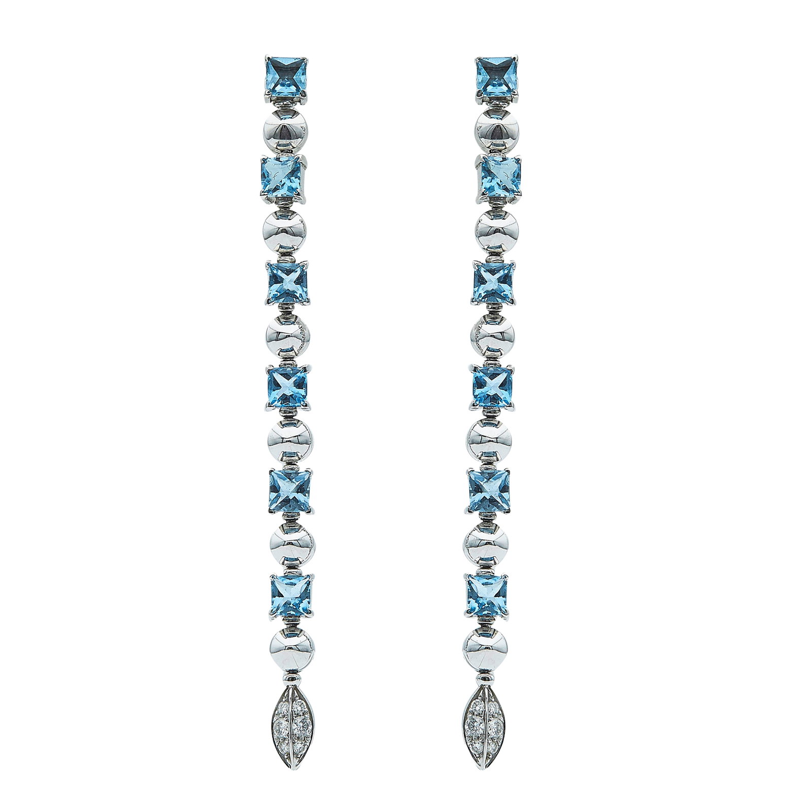 Bulgari Bvlgari Platinum Aquamarine and Diamond Drop Earrings: BRAND: Bulgari; METAL: Platinum; APPROXIMATE TOTAL DIAMOND WEIGHT: 0.19 ctw; GEMSTONES: Aquamarine; STAMPED: Bvlgari; TESTED: Platinum; CONDITION: Pre-owned, Very Good; ITEM WEIGHT (GRAMS): 18.8 g; ME