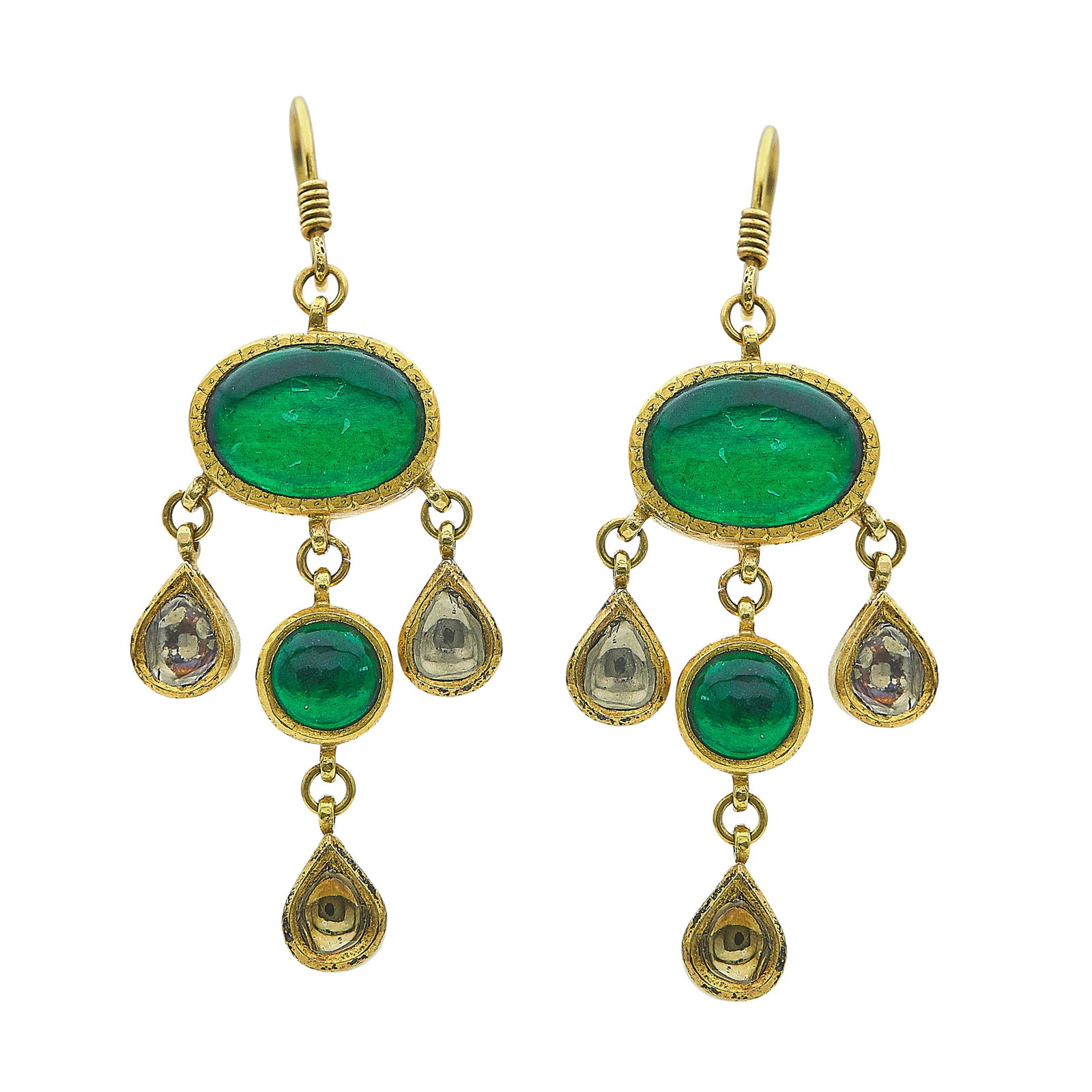 18K Yellow Gold Diamond and Foil-Backed Glass Polki Style Drop Earrings (1 of 3)