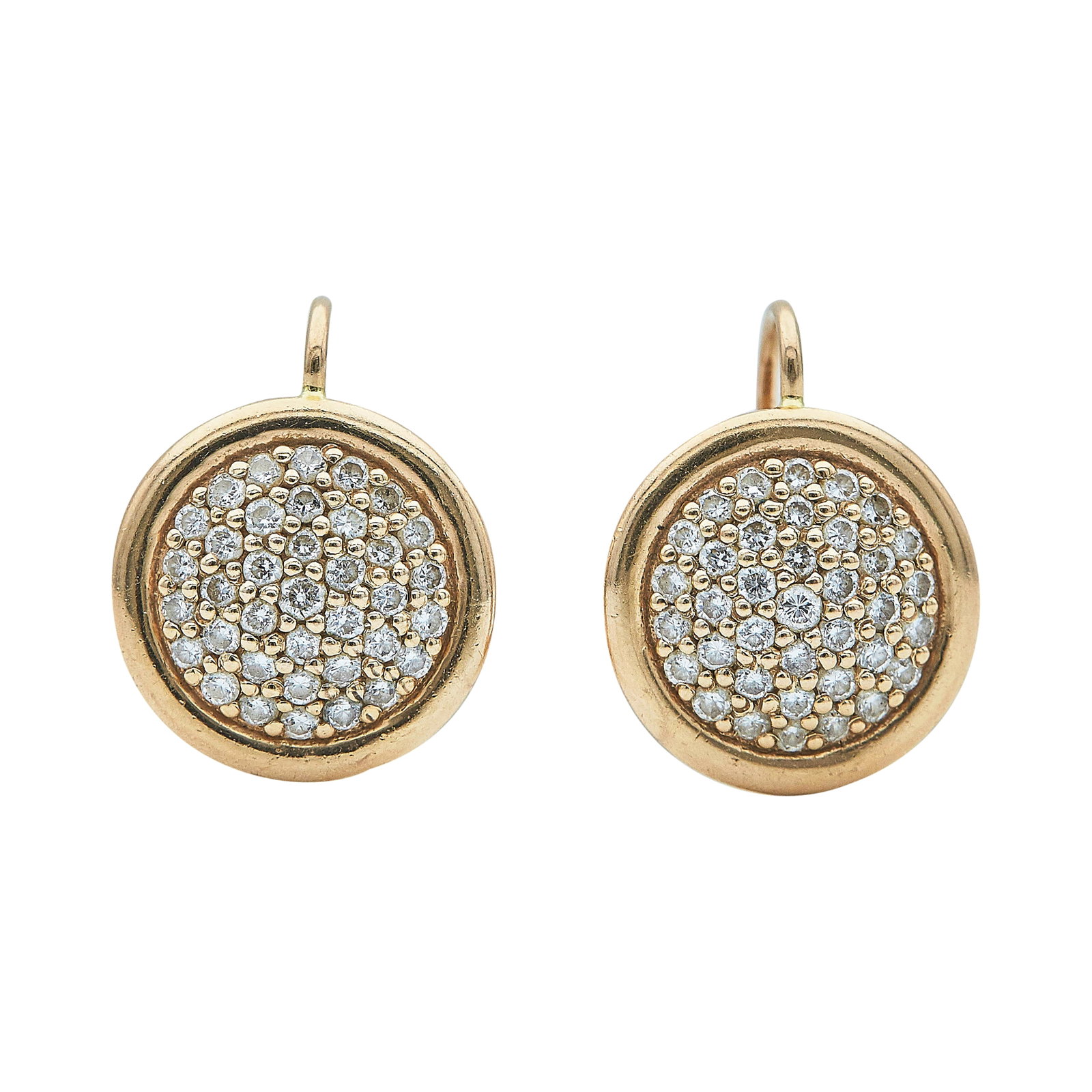 14K Rose Gold and Diamond Disk Earrings: METAL: 14K Rose Gold; APPROXIMATE TOTAL DIAMOND WEIGHT: 1.45 ctw; STAMPED: A&G, 585; CONDITION: Pre-owned, Good; ITEM WEIGHT (GRAMS): 6 g; MEASUREMENTS: Earrings 3/4 inch long x 5/8 inch wide; ADDITIO