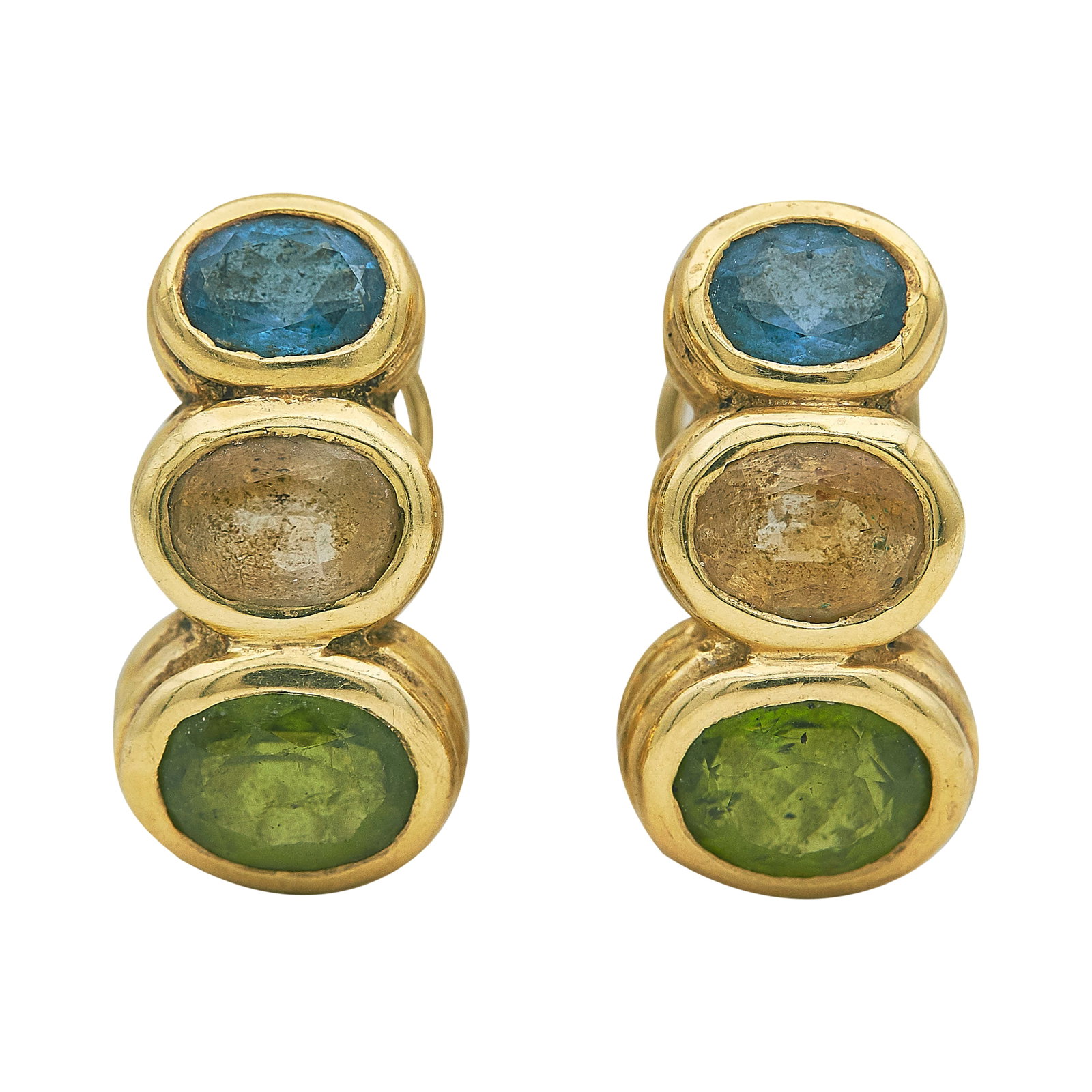 14K Yellow Gold Blue Topaz Citrine Earrings: METAL: 14K Yellow Gold; GEMSTONES: Blue Topaz total weight approx. 1.76ct, Citrine total weight approx. 2.48ct, Peridot total weight approx. 3.9ct; Weight estimated with formula; STAMPED: 14K; CONDITI