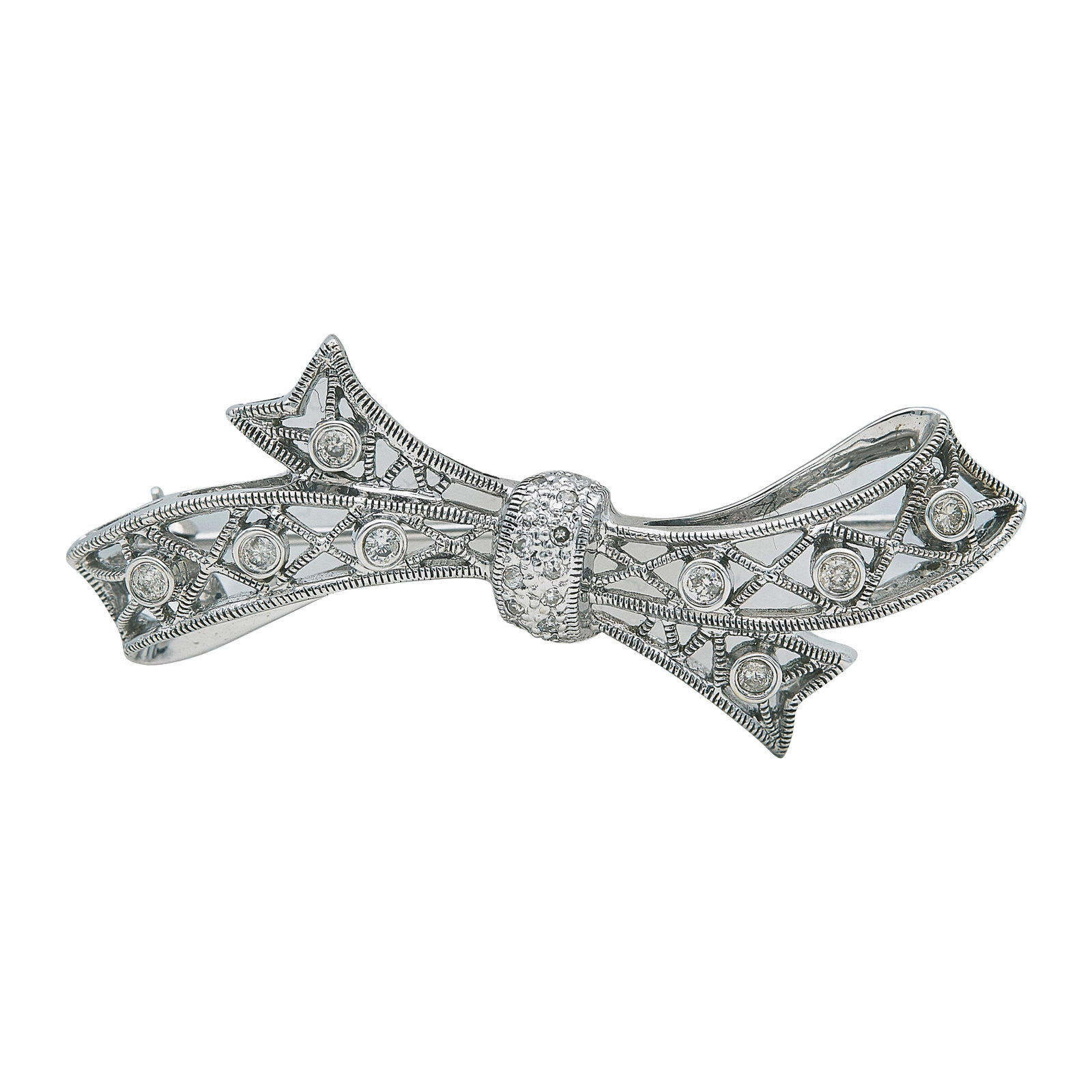 14K White Gold and Diamond Bow Pin Brooch: METAL: 14K White Gold; APPROXIMATE TOTAL DIAMOND WEIGHT: 0.23 ctw; STAMPED: 14K, 525, TT; CONDITION: Pre-owned, Good; ITEM WEIGHT (GRAMS): 5.4 g; MEASUREMENTS: Brooch 3/4 inch long x 1 7/8 inch wide