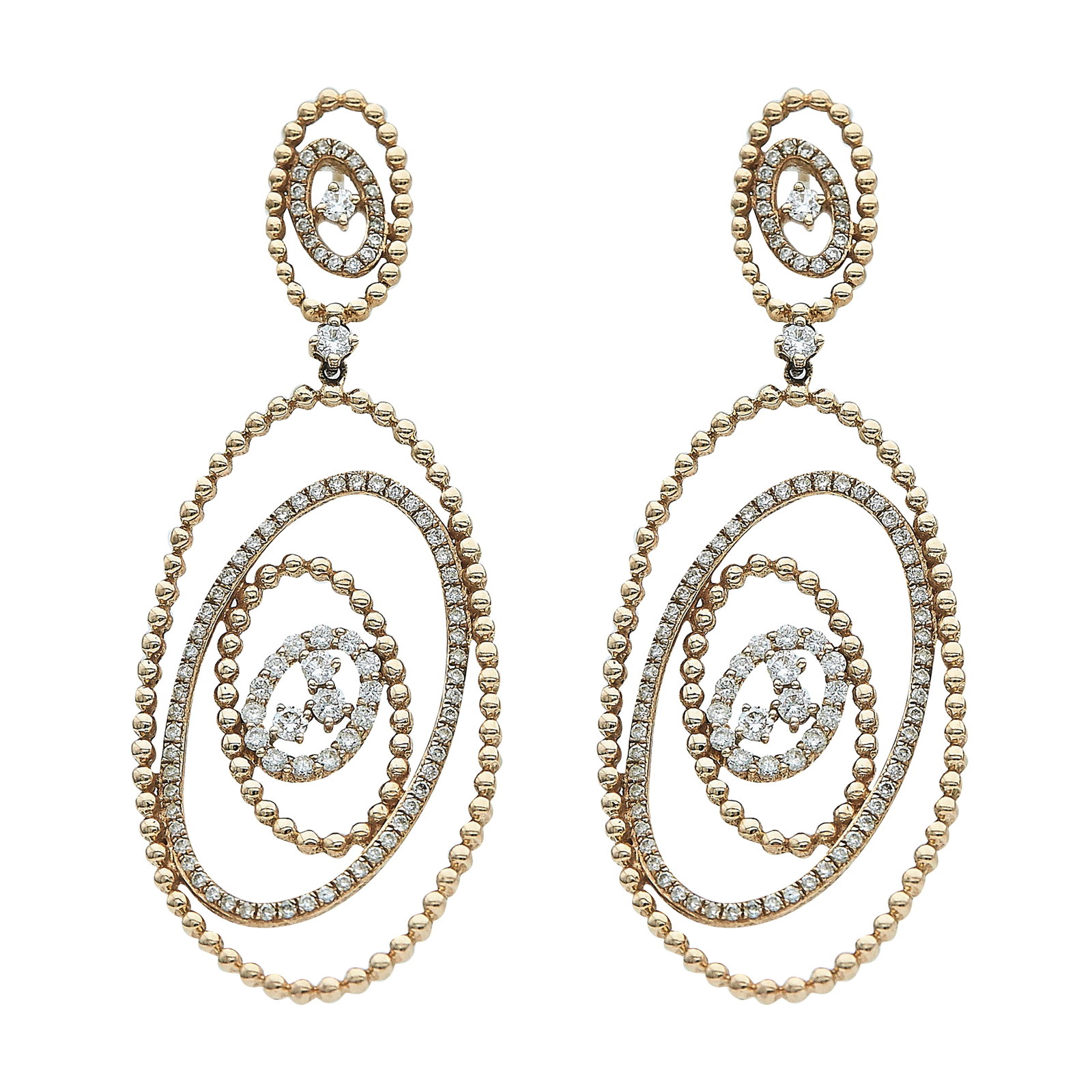 14K Rose Gold and Diamond Drop Earrings: METAL: 14K Rose Gold; APPROXIMATE TOTAL DIAMOND WEIGHT: 1.10 ctw; TESTED: 14K Rose Gold; CONDITION: Pre-owned, Very Good; ITEM WEIGHT (GRAMS): 9.1 g; MEASUREMENTS: Earrings 2 1/8 inches long x 3/4 inc