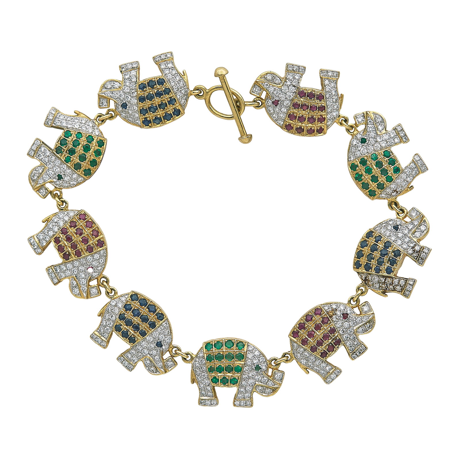 18K Yellow Gold Diamond, Sapphire, Ruby, and Emerald Elephant Line Link Bracelet: METAL: 18K Yellow Gold; APPROXIMATE TOTAL DIAMOND WEIGHT: 3.60 ctw; GEMSTONES: Sapphires total weight approx. 0.45 carats; Rubies total weight approx. 0.45 carats; Emeralds total weight approx. 0.35 c